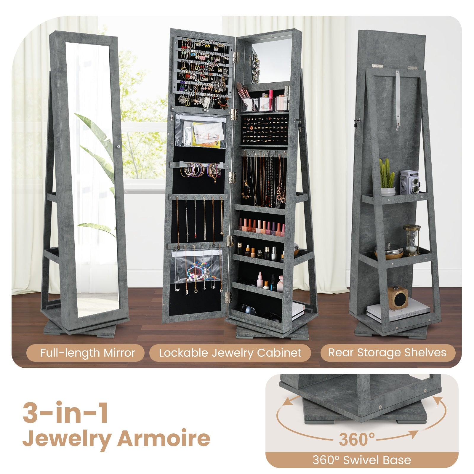 360° Rotatable 2-in-1 Lockable Jewelry Cabinet, Full-Length Mirror, Green Jewelry Armoires at Gallery Canada