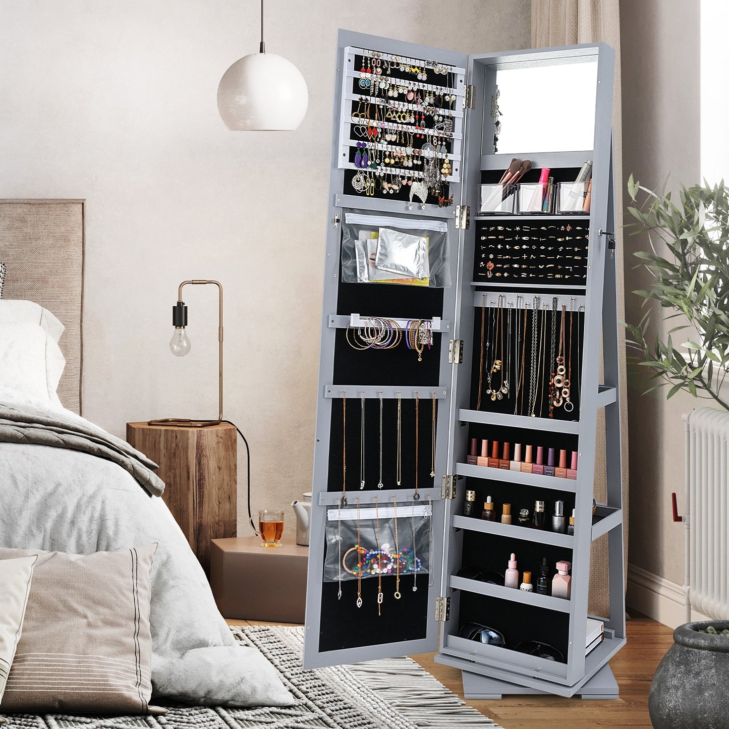 Rotatable 2-in-1 Lockable Jewelry Cabinet, Full-Length Mirror, Gray Jewelry Armoires at Gallery Canada