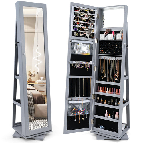 Rotatable 2-in-1 Lockable Jewelry Cabinet, Full-Length Mirror, Gray