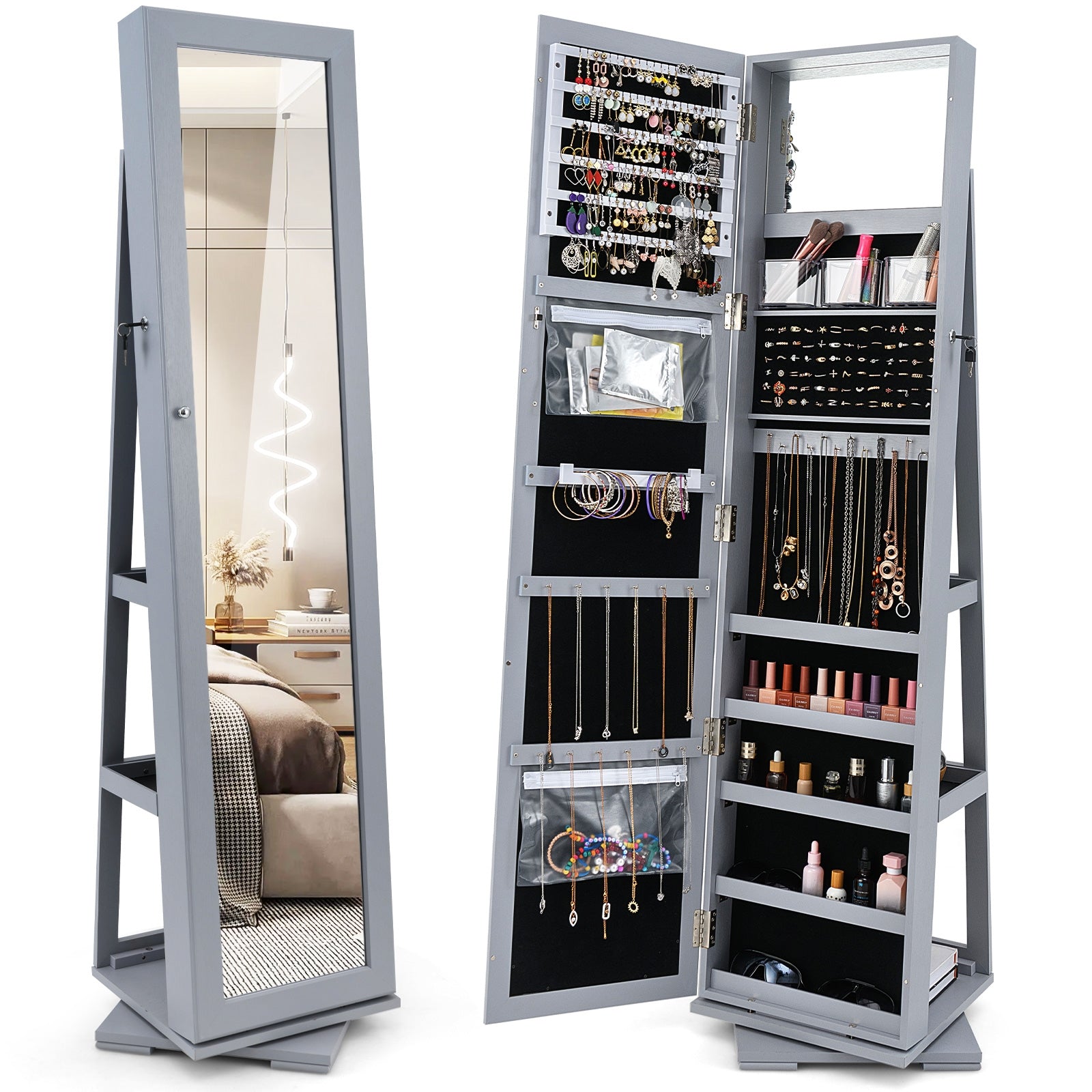 Rotatable 2-in-1 Lockable Jewelry Cabinet, Full-Length Mirror, Gray Jewelry Armoires at Gallery Canada
