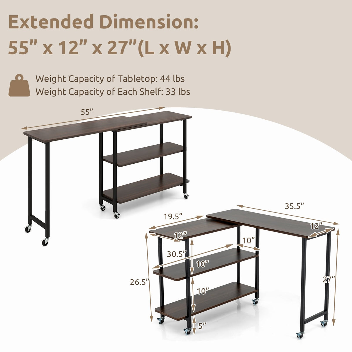 360° Rotating Sofa Side Table, 2-Tier Storage Shelves, Walnut L-Shaped Desks at Gallery Canada