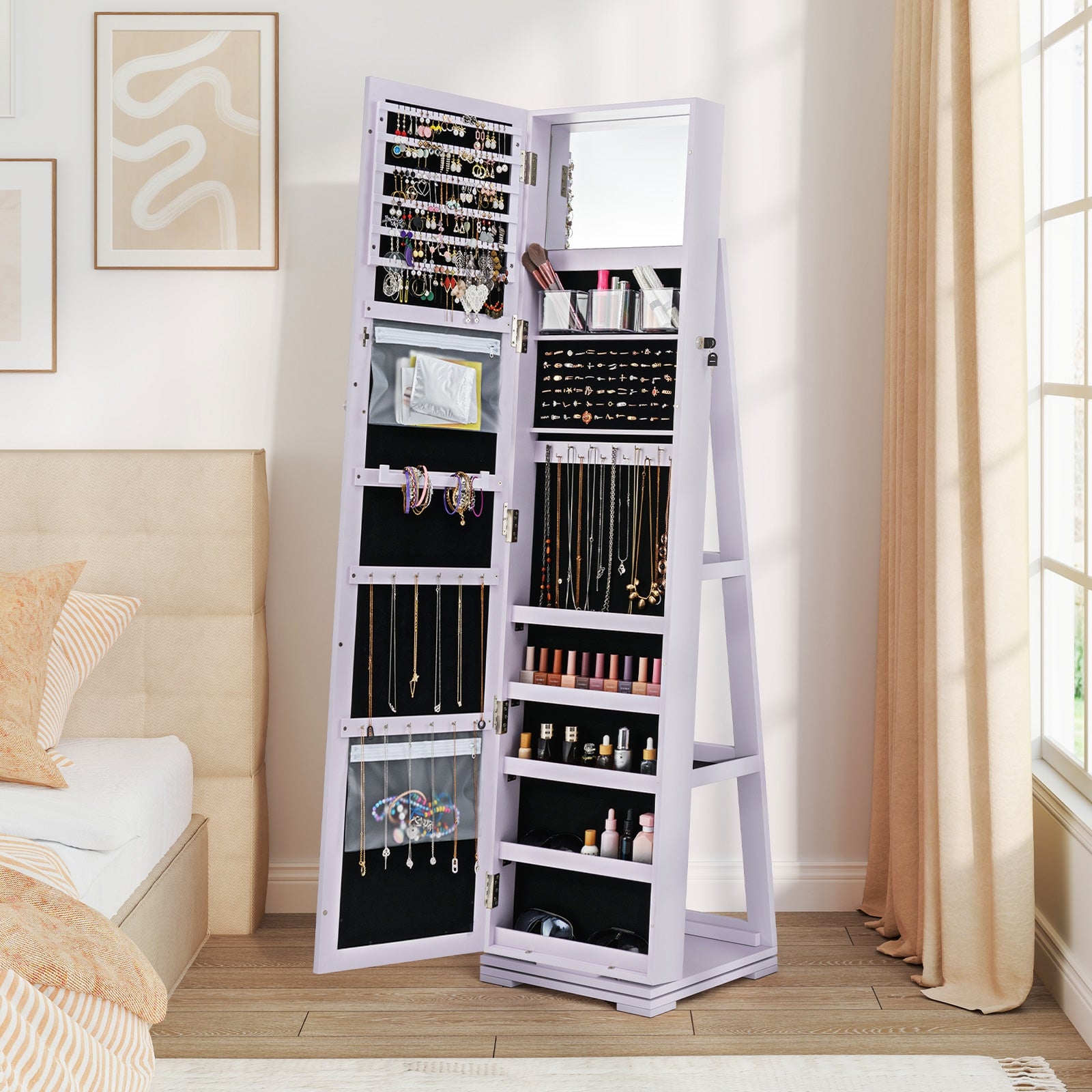 Rotatable 2-in-1 Lockable Jewelry Cabinet, Full-Length Mirror, Purple Jewelry Armoires at Gallery Canada