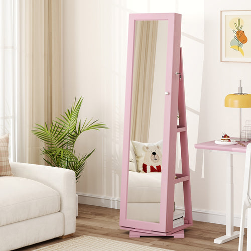 Rotatable 2-in-1 Lockable Jewelry Cabinet, Full-Length Mirror, Pink