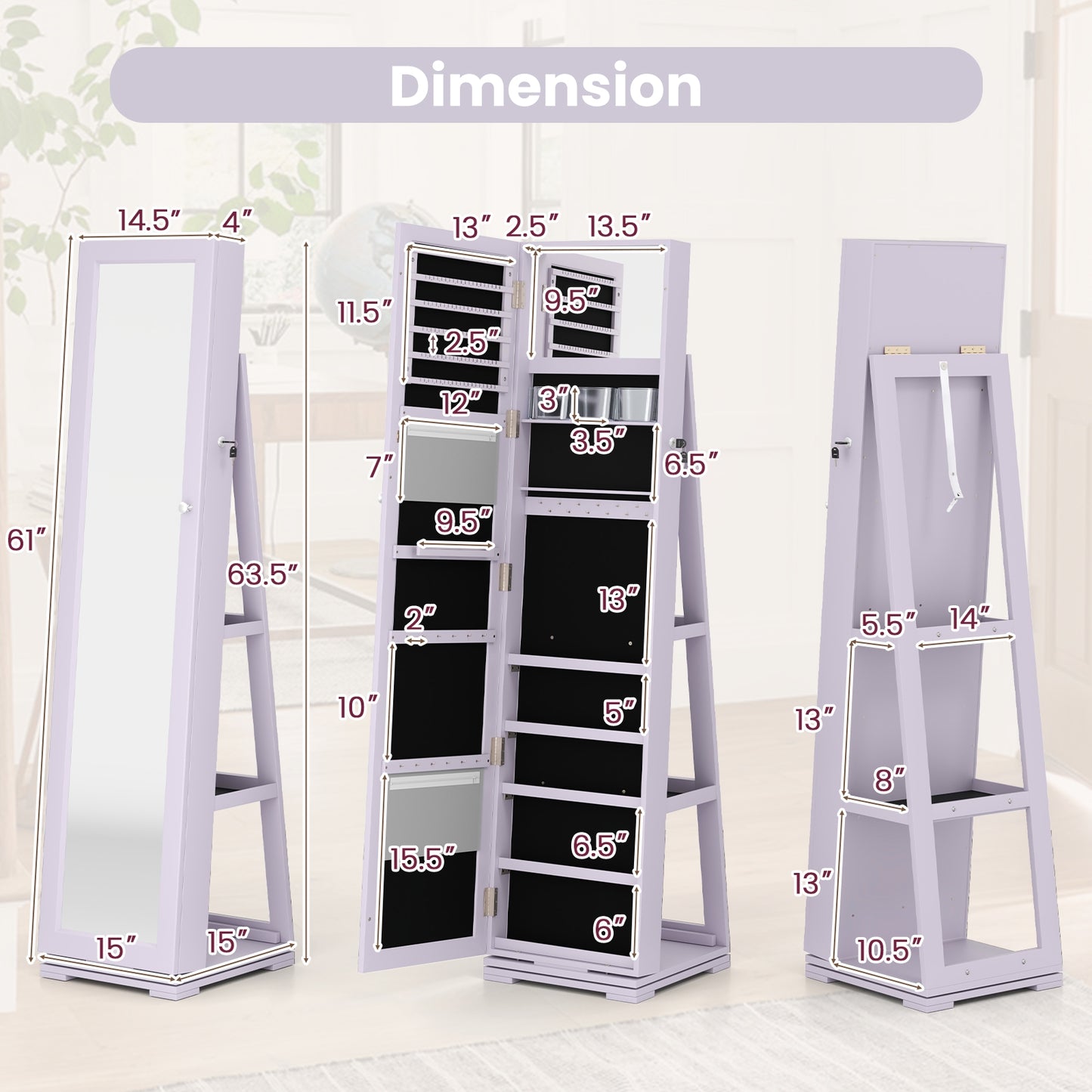 Rotatable 2-in-1 Lockable Jewelry Cabinet, Full-Length Mirror, Purple Jewelry Armoires at Gallery Canada
