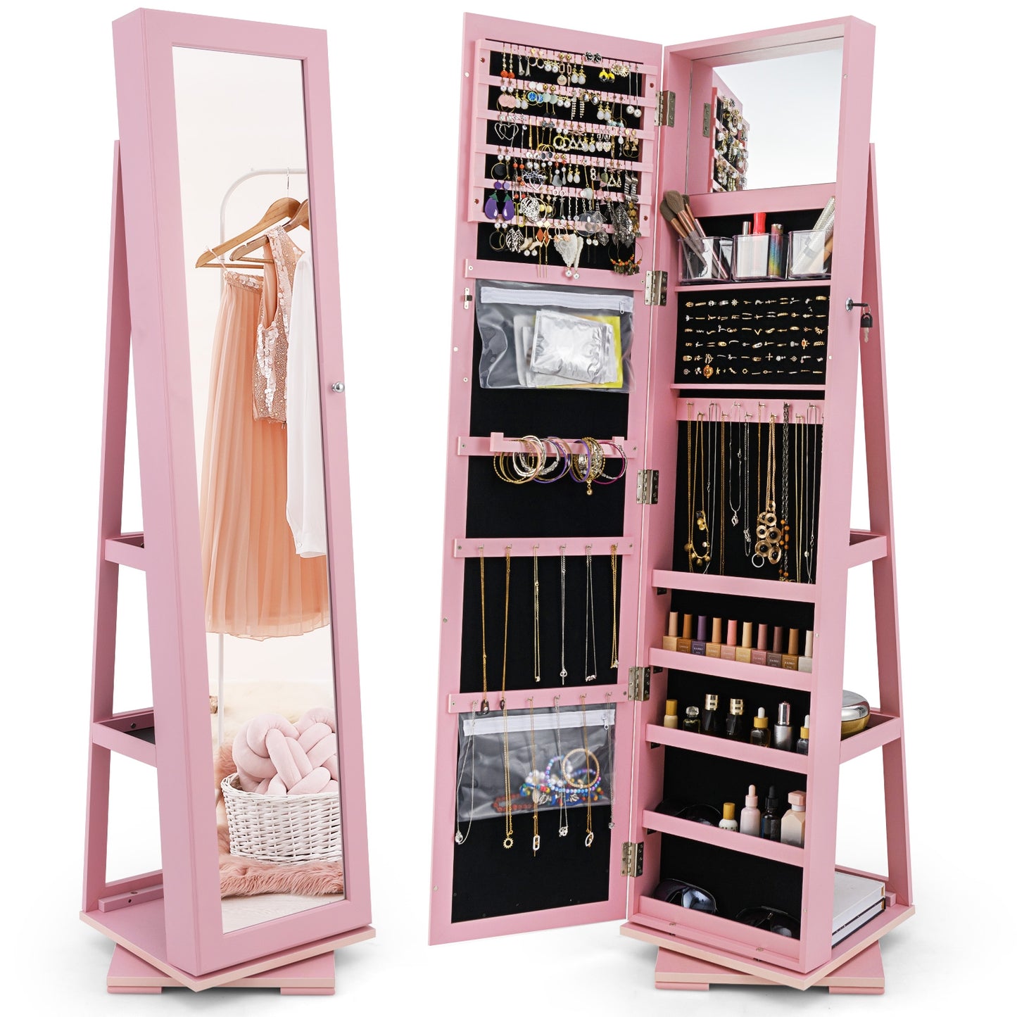 Rotatable 2-in-1 Lockable Jewelry Cabinet, Full-Length Mirror, Pink Jewelry Armoires Pink at Gallery Canada
