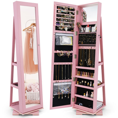 Rotatable 2-in-1 Lockable Jewelry Cabinet, Full-Length Mirror, Pink
