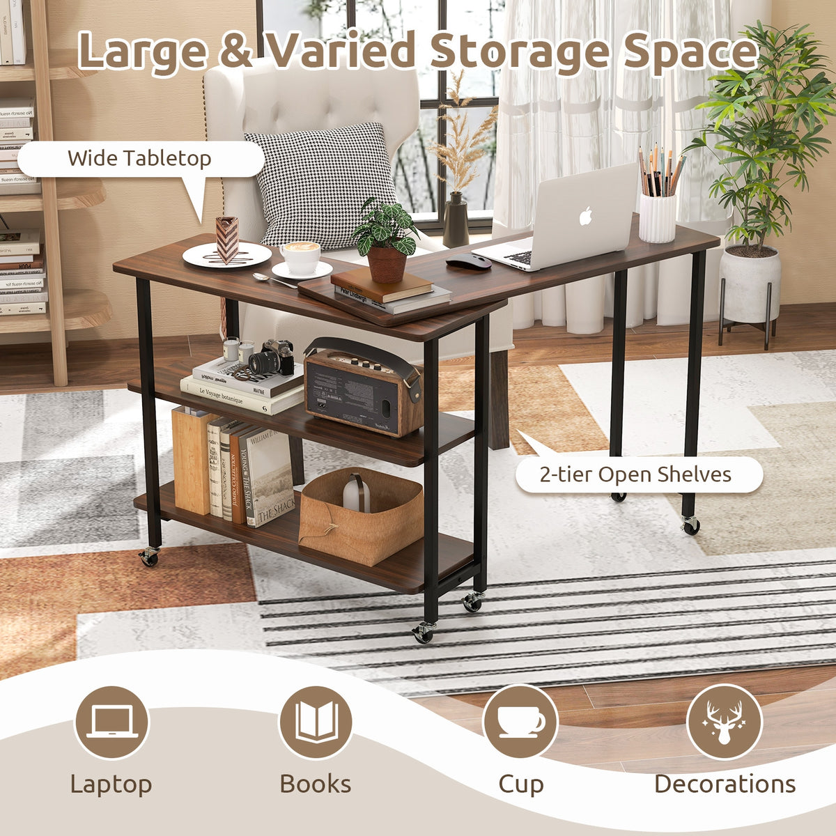 360° Rotating Sofa Side Table, 2-Tier Storage Shelves, Walnut L-Shaped Desks at Gallery Canada