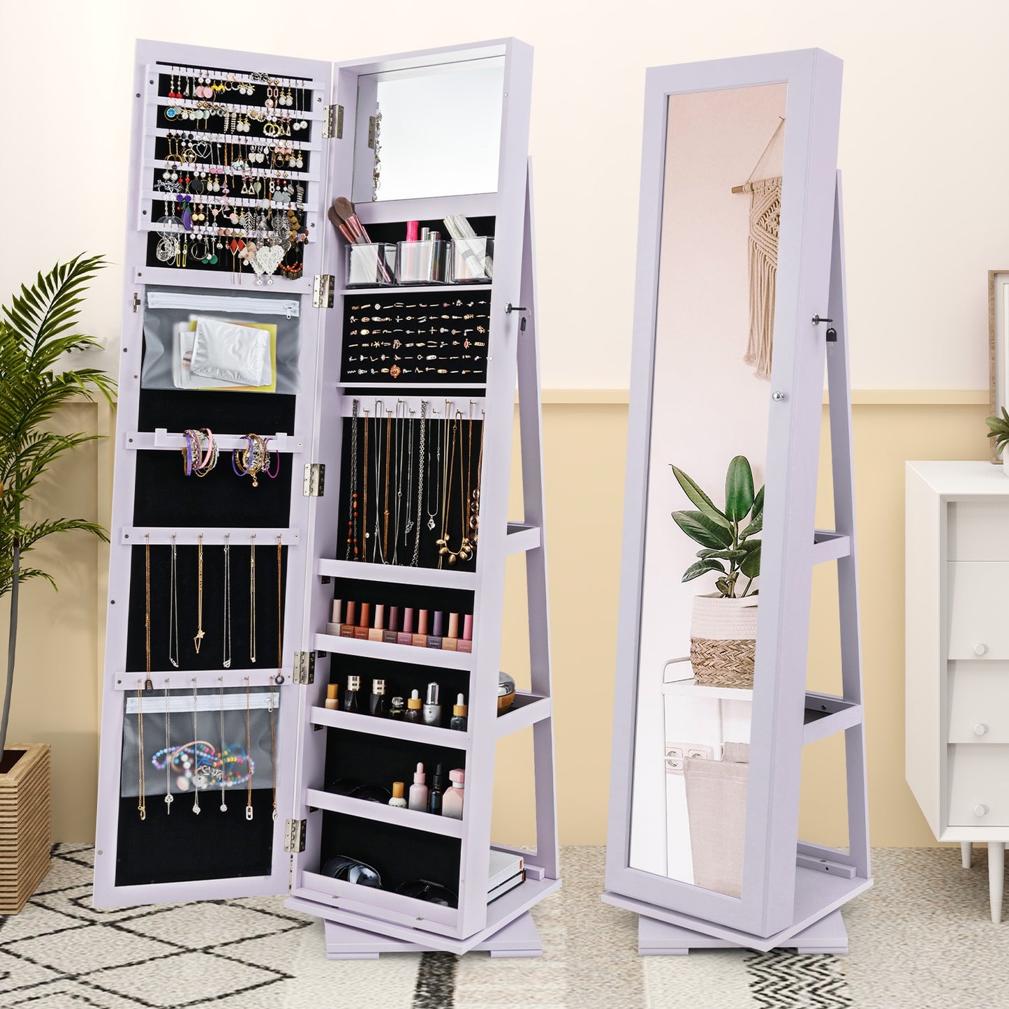 Rotatable 2-in-1 Lockable Jewelry Cabinet, Full-Length Mirror, Purple Jewelry Armoires at Gallery Canada