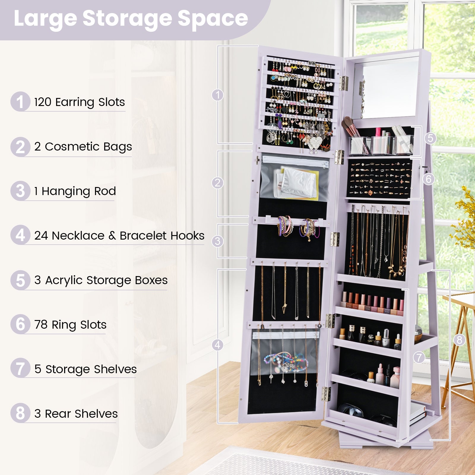 Rotatable 2-in-1 Lockable Jewelry Cabinet, Full-Length Mirror, Purple Jewelry Armoires at Gallery Canada