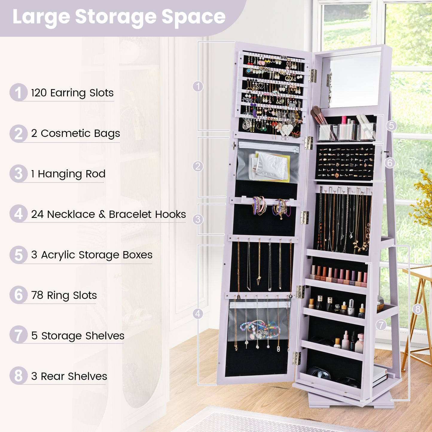 Rotatable 2-in-1 Lockable Jewelry Cabinet, Full-Length Mirror, Purple Jewelry Armoires at Gallery Canada