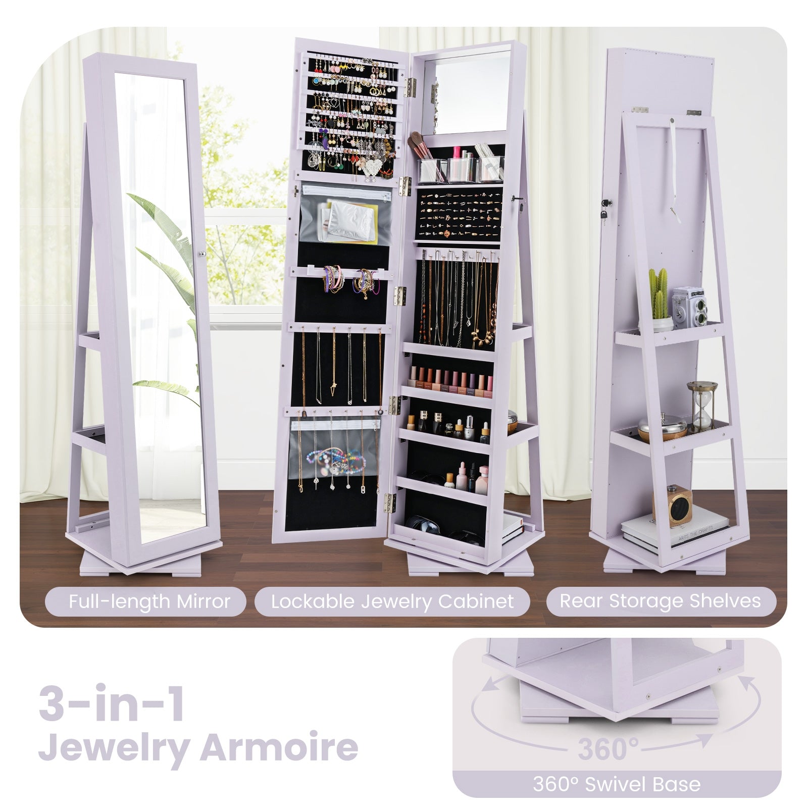 Rotatable 2-in-1 Lockable Jewelry Cabinet, Full-Length Mirror, Purple Jewelry Armoires at Gallery Canada