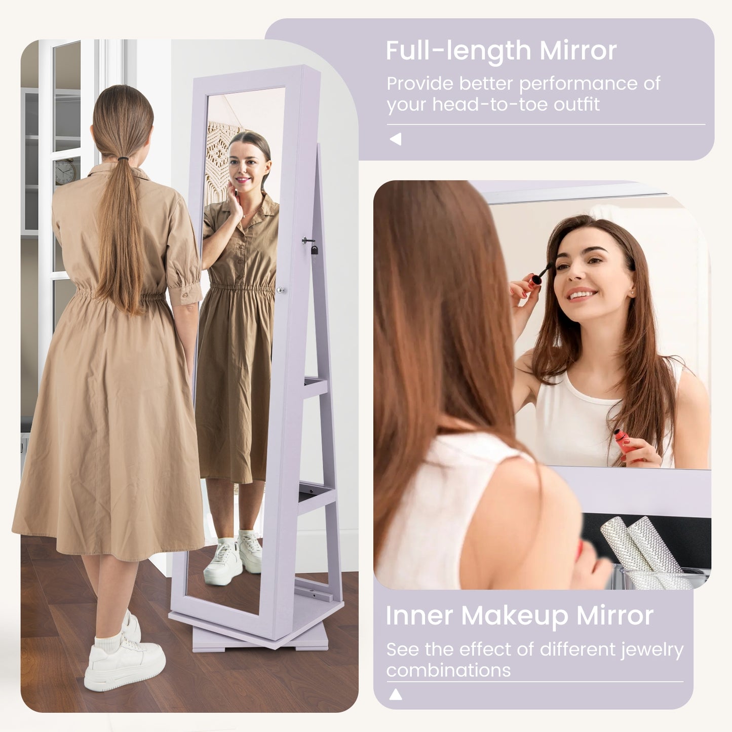 Rotatable 2-in-1 Lockable Jewelry Cabinet, Full-Length Mirror, Purple Jewelry Armoires at Gallery Canada