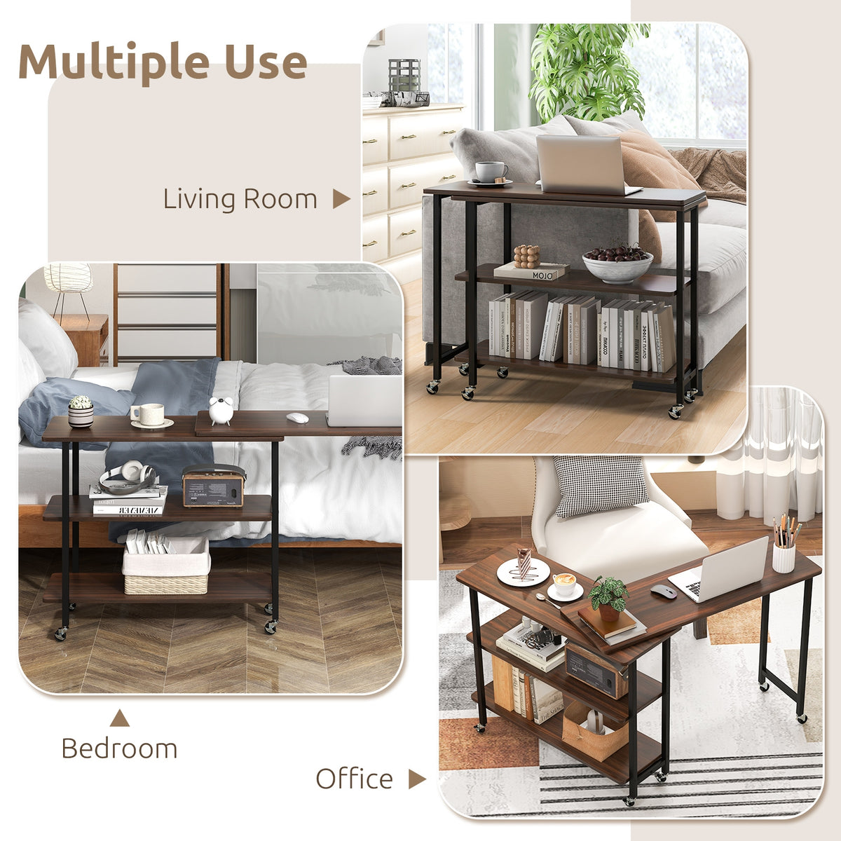 360° Rotating Sofa Side Table, 2-Tier Storage Shelves, Walnut L-Shaped Desks at Gallery Canada