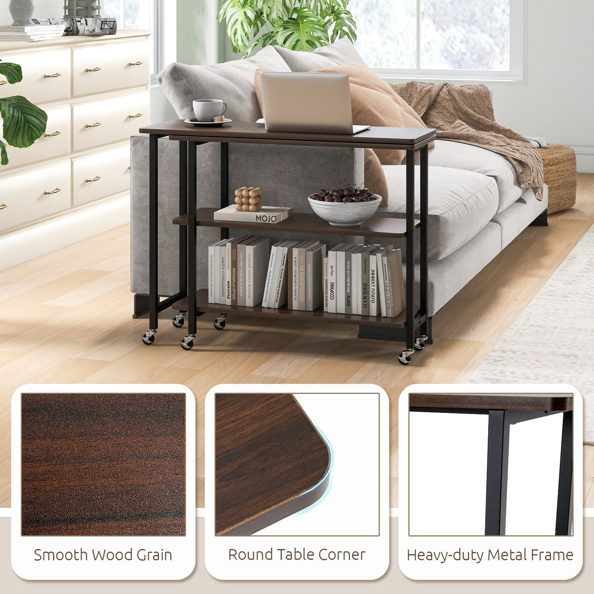 360° Rotating Sofa Side Table, 2-Tier Storage Shelves, Walnut L-Shaped Desks at Gallery Canada