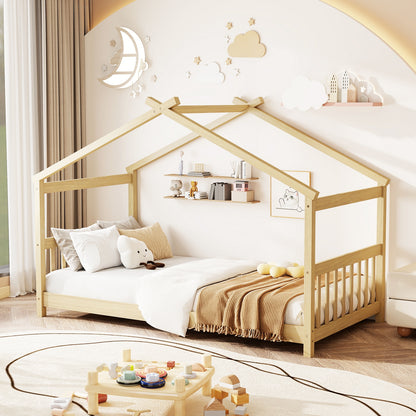 Twin Size Wooden House Bed With Roof, Natural Simple Bed Frame at Gallery Canada