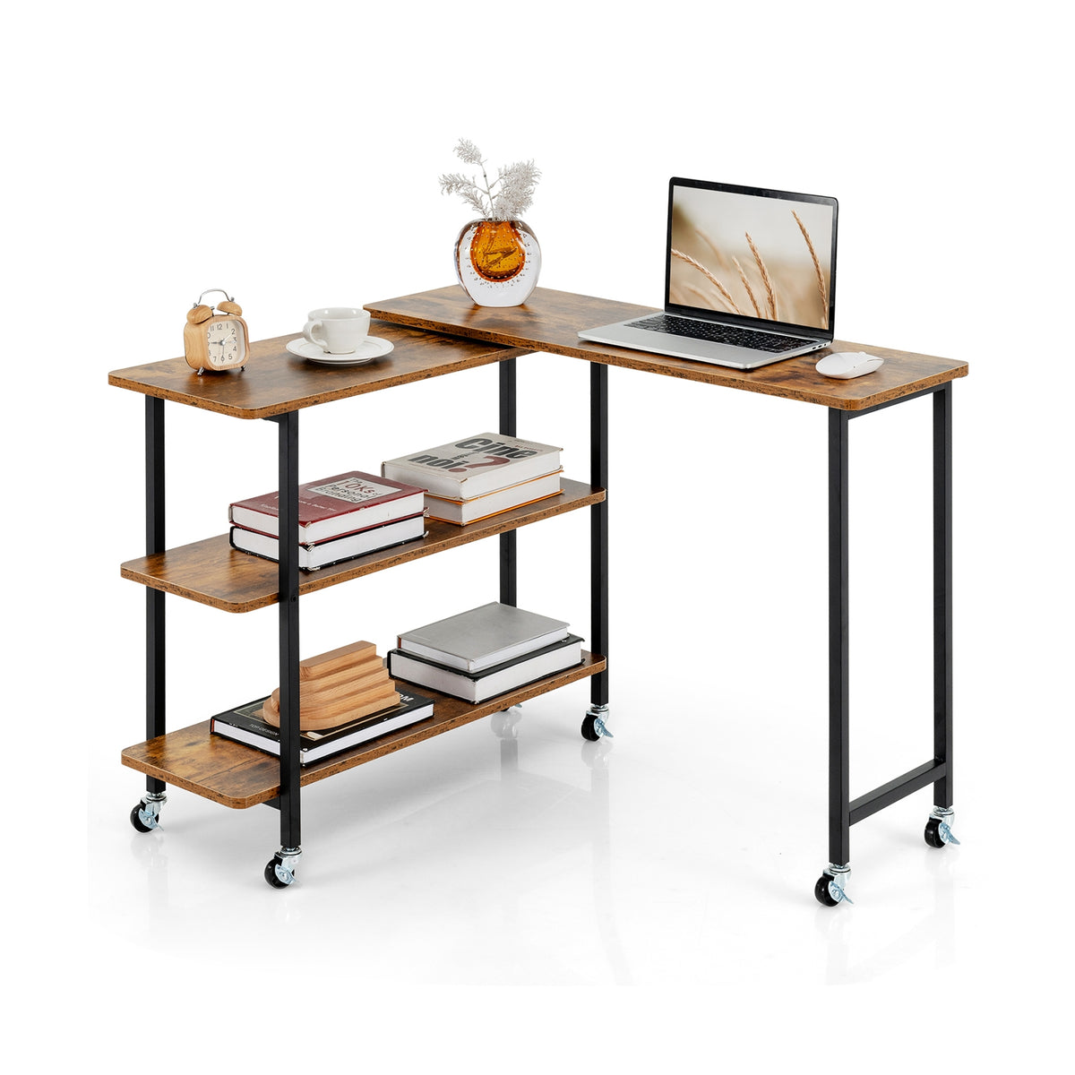 360° Rotating Side Table, 2-Tier Storage Shelves, Brown L-Shaped Desks at Gallery Canada