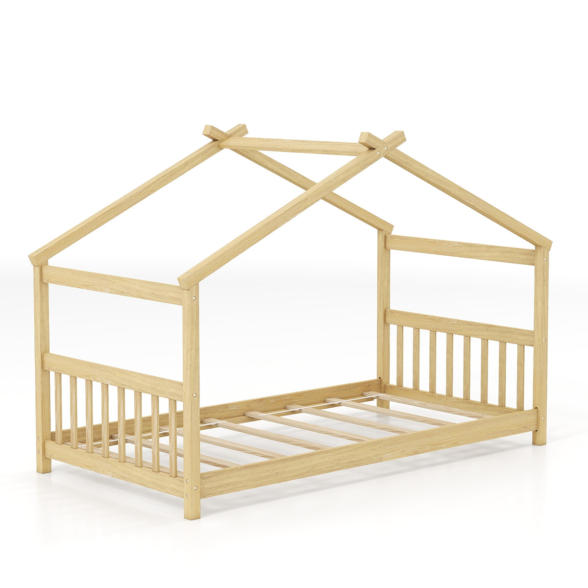 Twin Size Wooden House Bed With Roof, Natural Simple Bed Frame at Gallery Canada