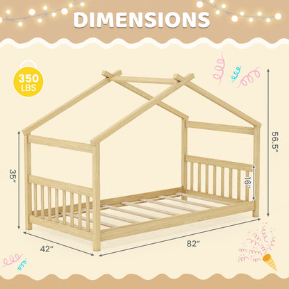 Twin Size Wooden House Bed With Roof, Natural Simple Bed Frame at Gallery Canada