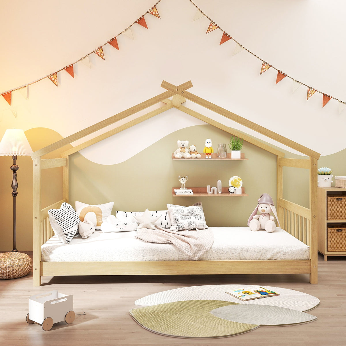 Twin Size Wooden House Bed With Roof, Natural Simple Bed Frame at Gallery Canada