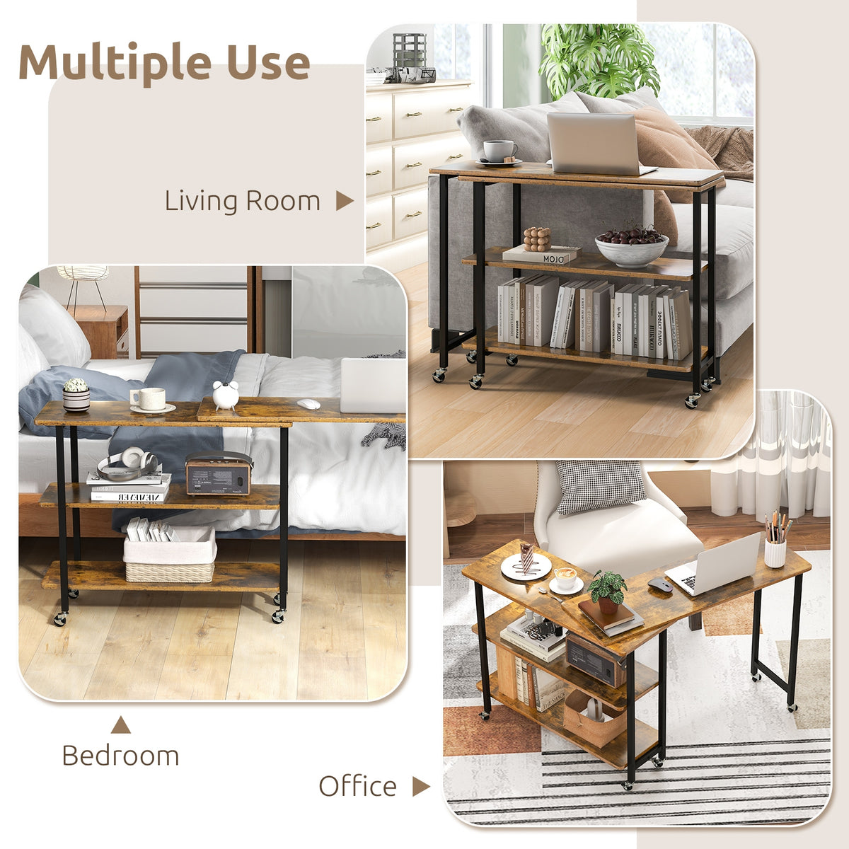 360° Rotating Side Table, 2-Tier Storage Shelves, Brown L-Shaped Desks at Gallery Canada
