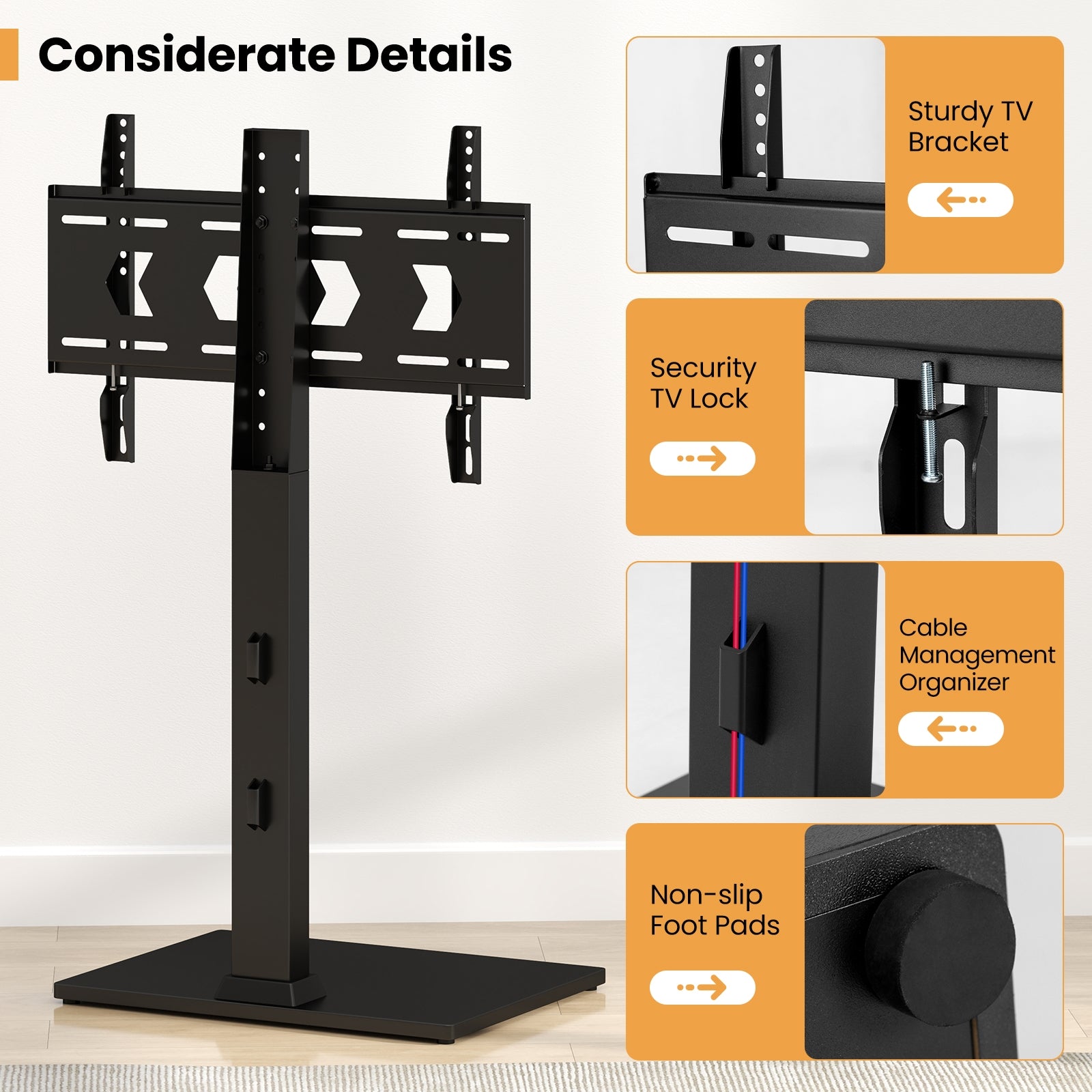 Height Adjustable Floor TV Stand, AV Shelf, 32-70 Inch, Black Entertainment Centers & TV Stands at Gallery Canada