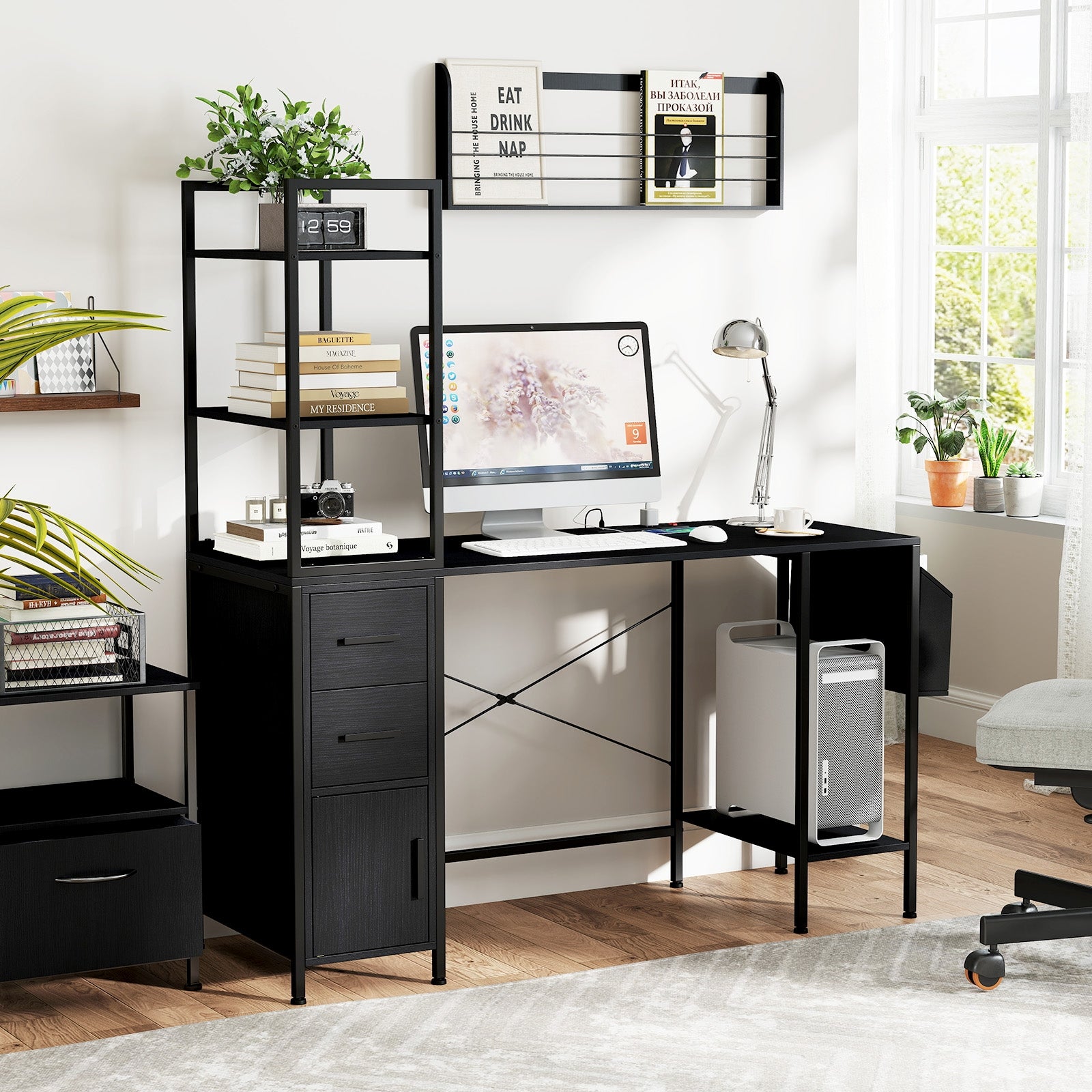 Office Desk With LED Lights, Power Outlets, Open Shelves, Black Computer Desks at Gallery Canada
