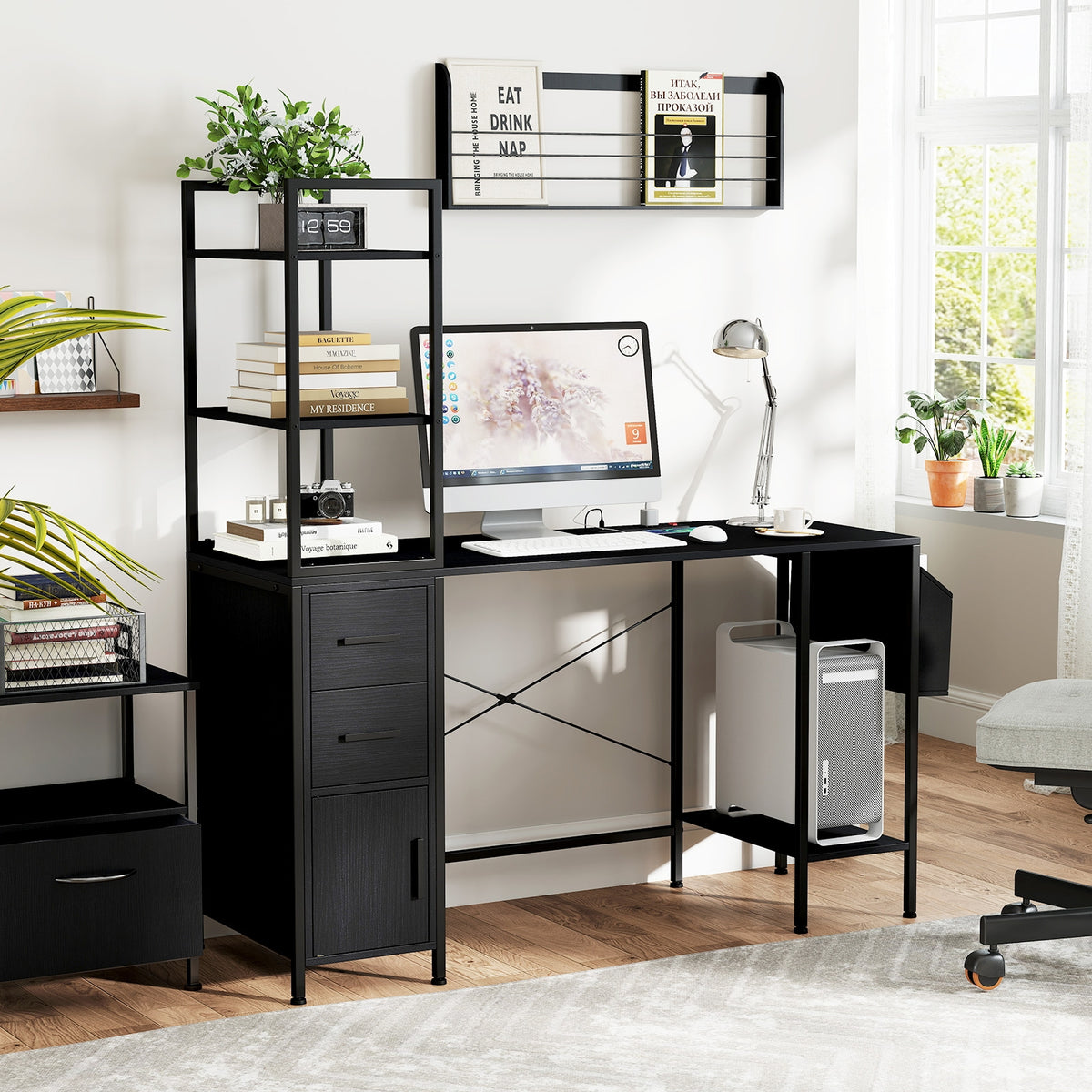 Office Desk With LED Lights, Power Outlets, Open Shelves, Black Computer Desks at Gallery Canada