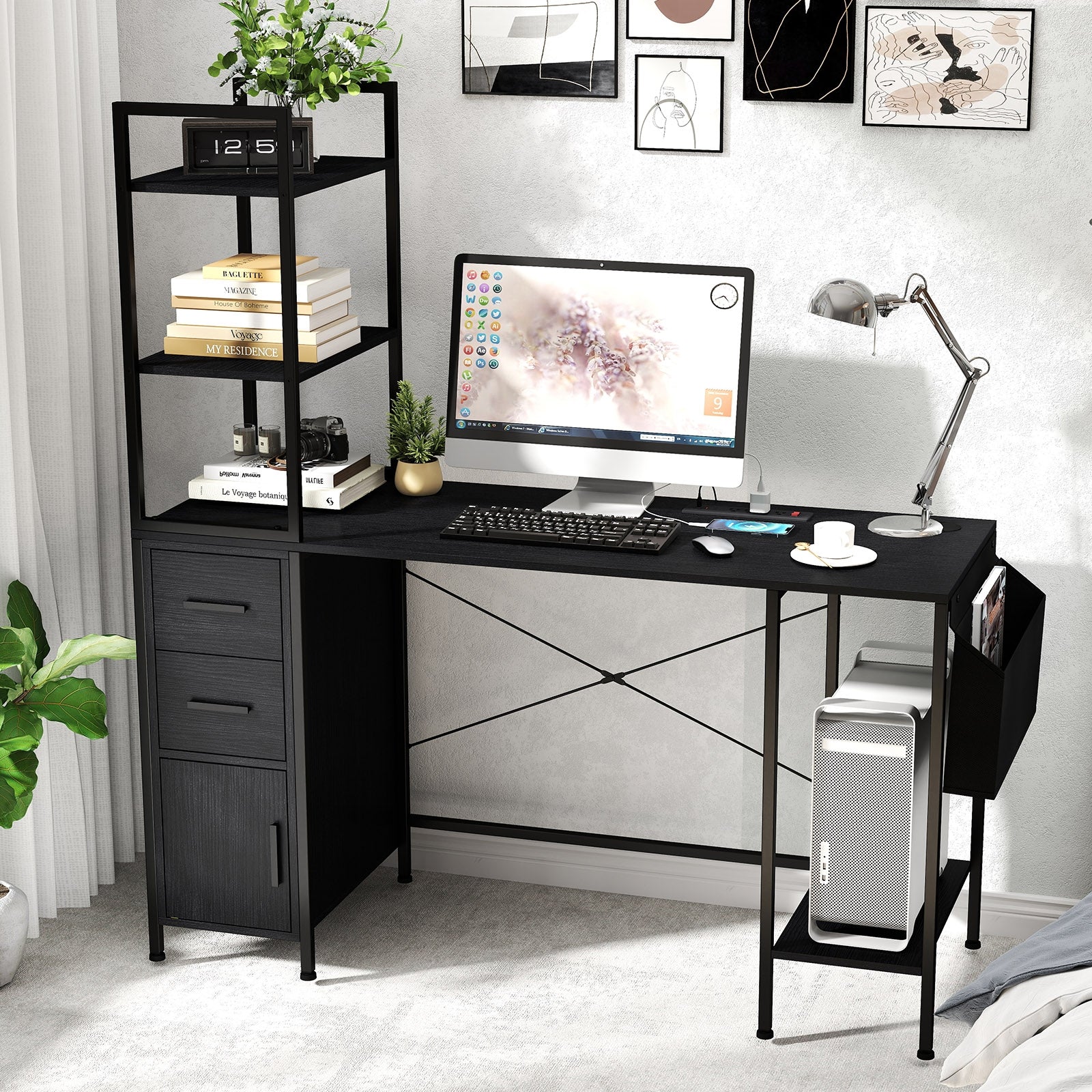 Office Desk With LED Lights, Power Outlets, Open Shelves, Black Computer Desks at Gallery Canada