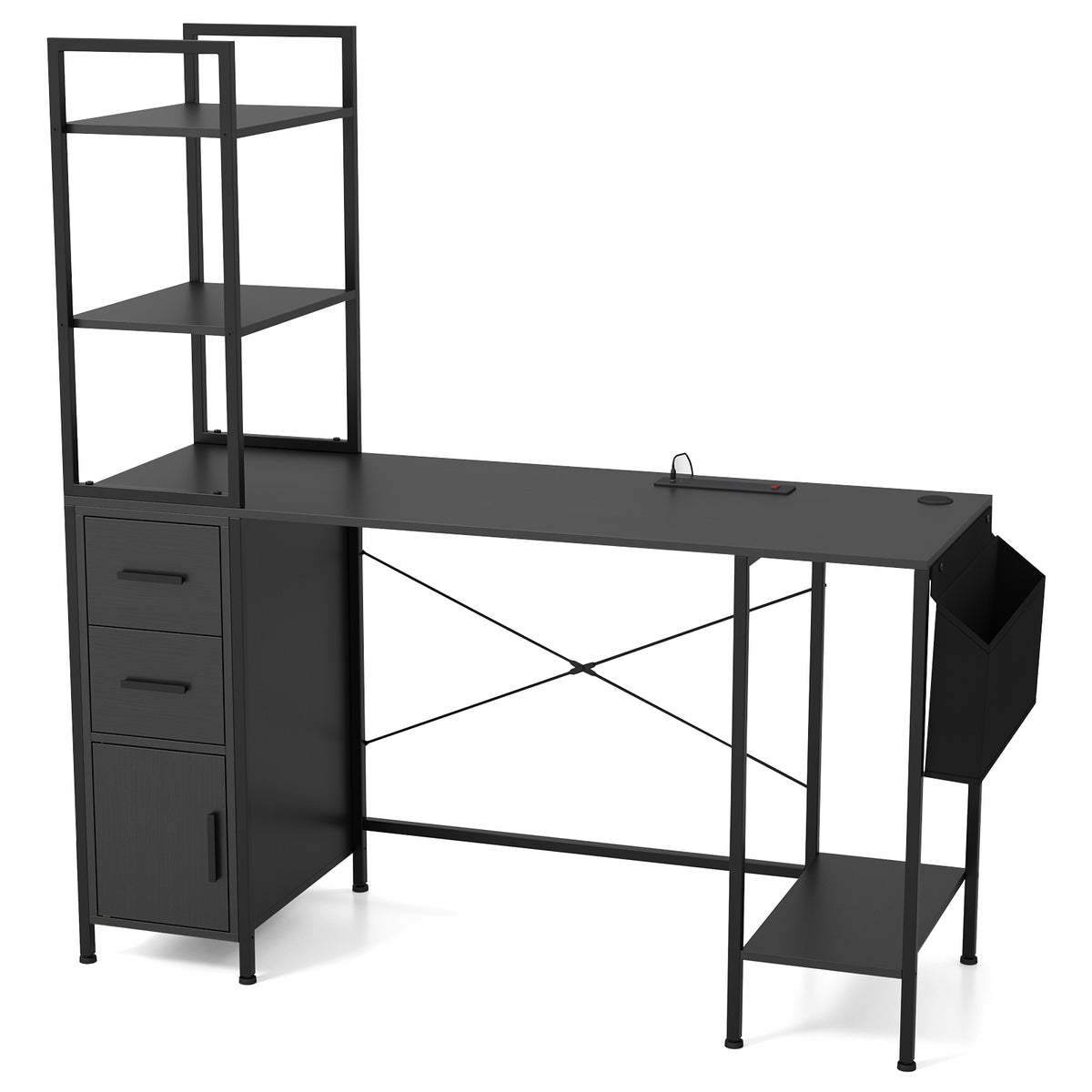 Office Desk With LED Lights, Power Outlets, Open Shelves, Black Computer Desks Black at Gallery Canada