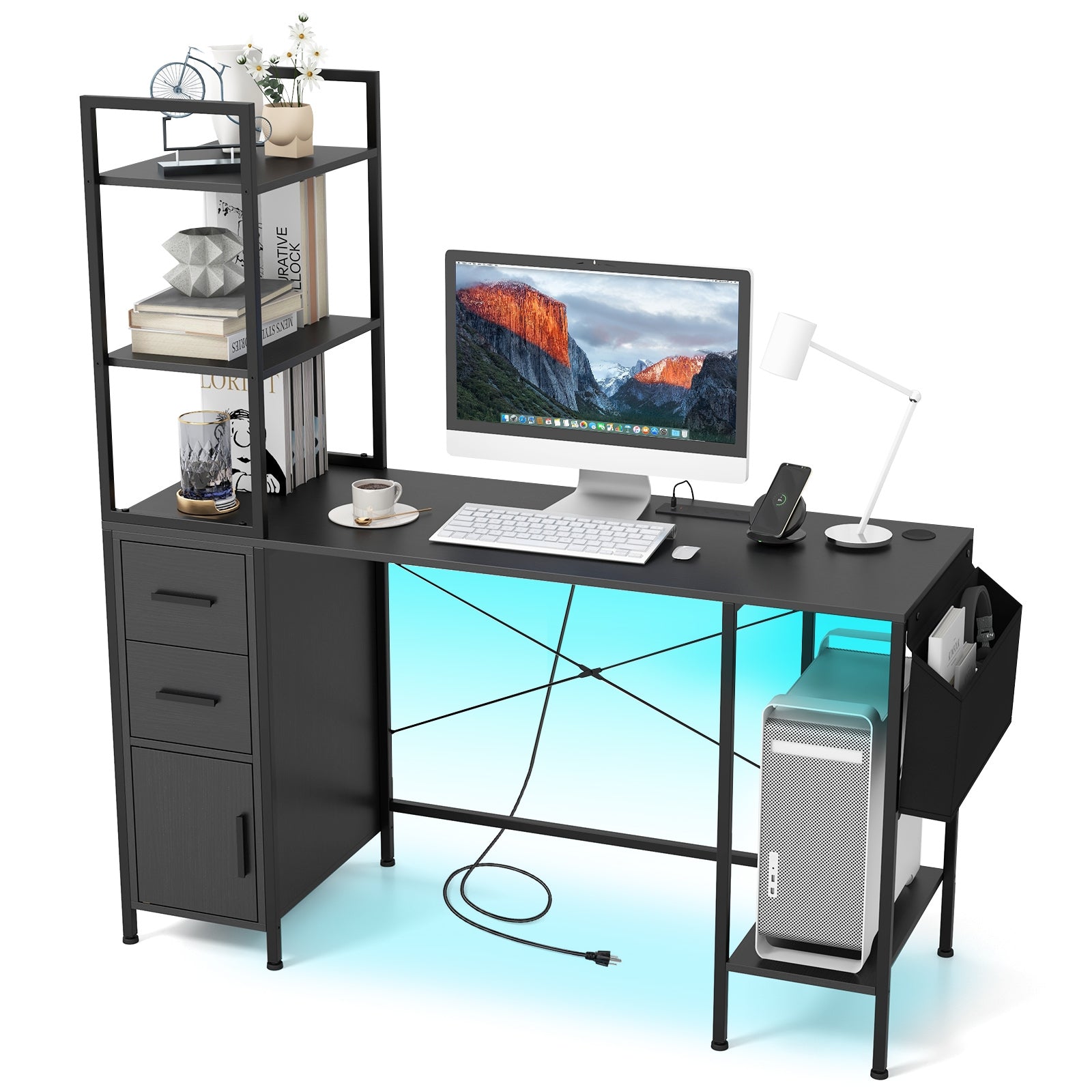 Office Desk With LED Lights, Power Outlets, Open Shelves, Black Computer Desks at Gallery Canada