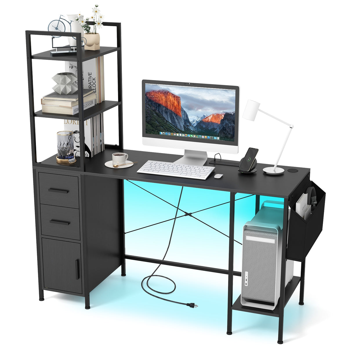 Office Desk With LED Lights, Power Outlets, Open Shelves, Black Computer Desks at Gallery Canada