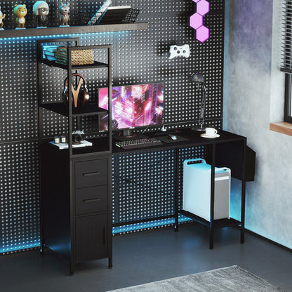 Office Desk With LED Lights, Power Outlets, Open Shelves, Black Computer Desks at Gallery Canada