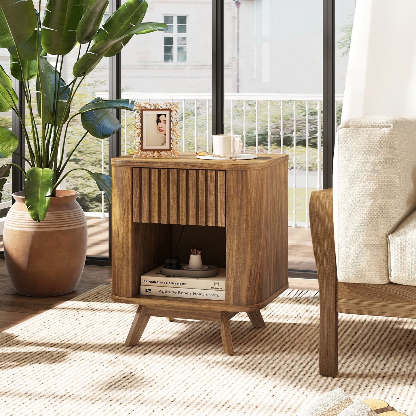Mid-Century Wood Nightstand, Drawer And Open Shelf, Walnut Nightstands at Gallery Canada