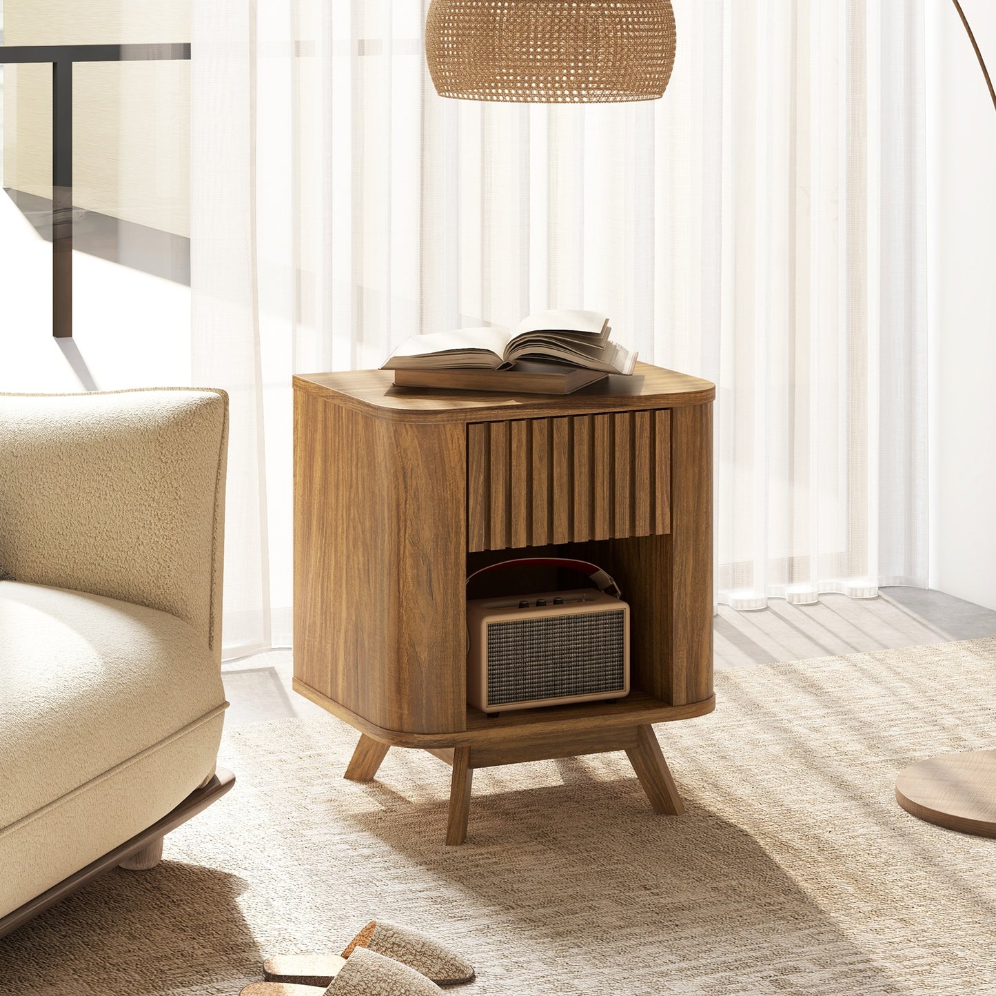 Mid-Century Wood Nightstand, Drawer And Open Shelf, Walnut Nightstands at Gallery Canada