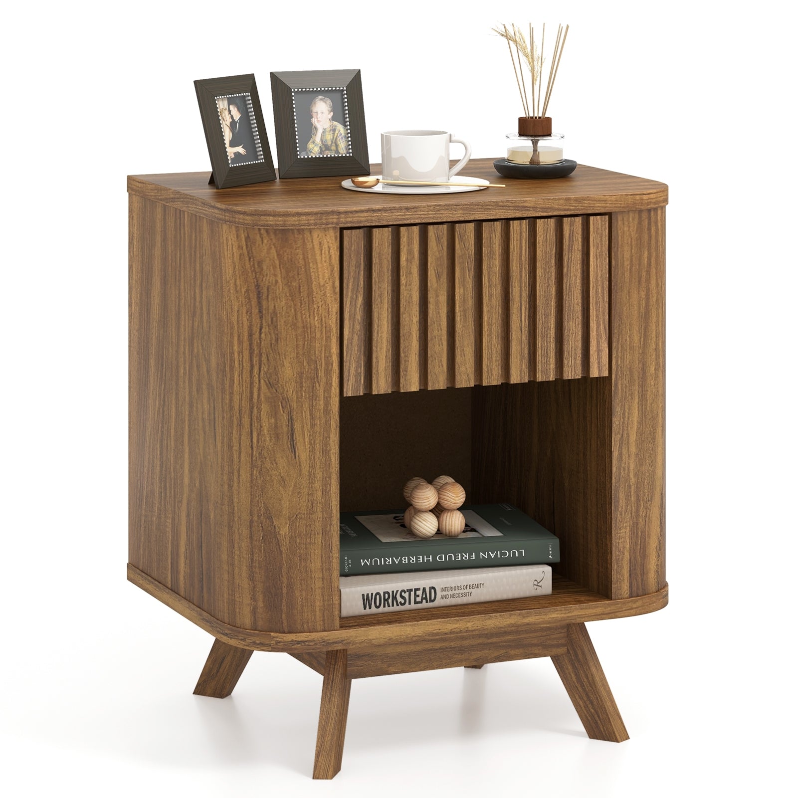 Mid-Century Wood Nightstand, Drawer And Open Shelf, Walnut Nightstands at Gallery Canada