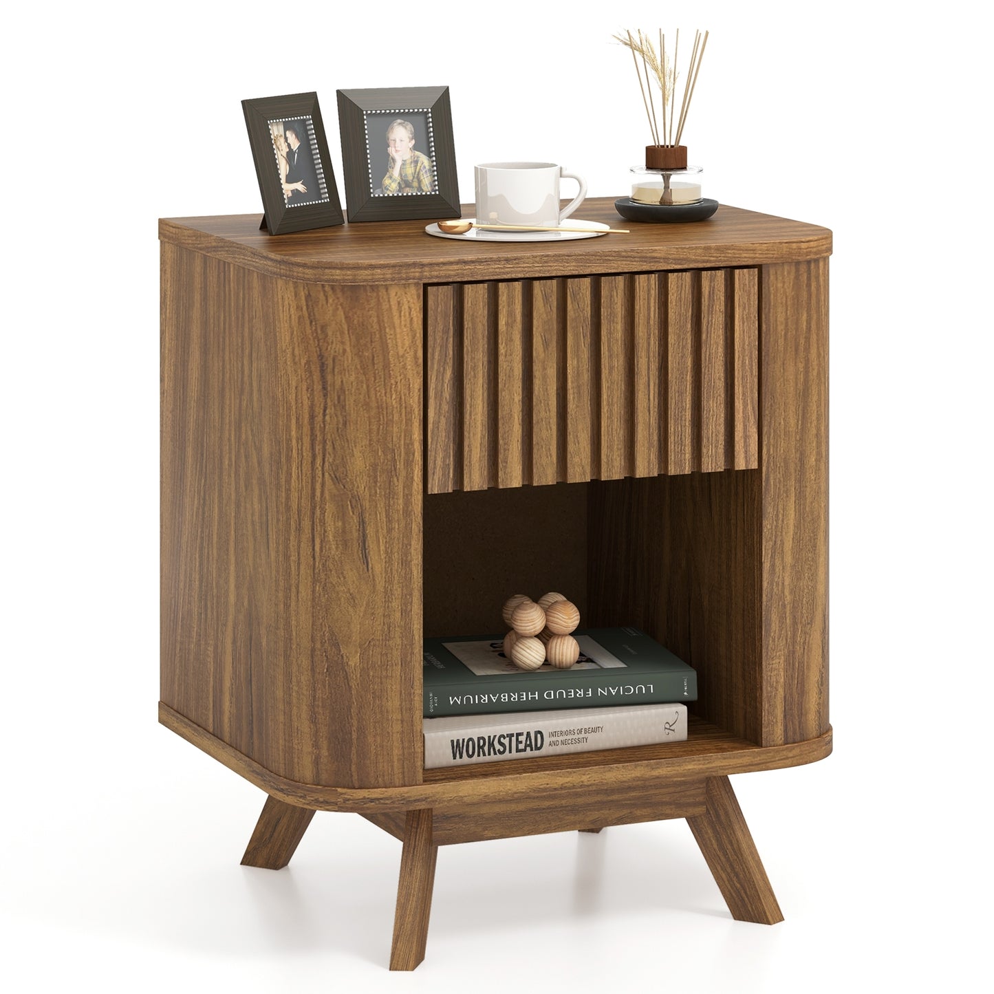 Mid-Century Wood Nightstand, Drawer And Open Shelf, Walnut Nightstands at Gallery Canada