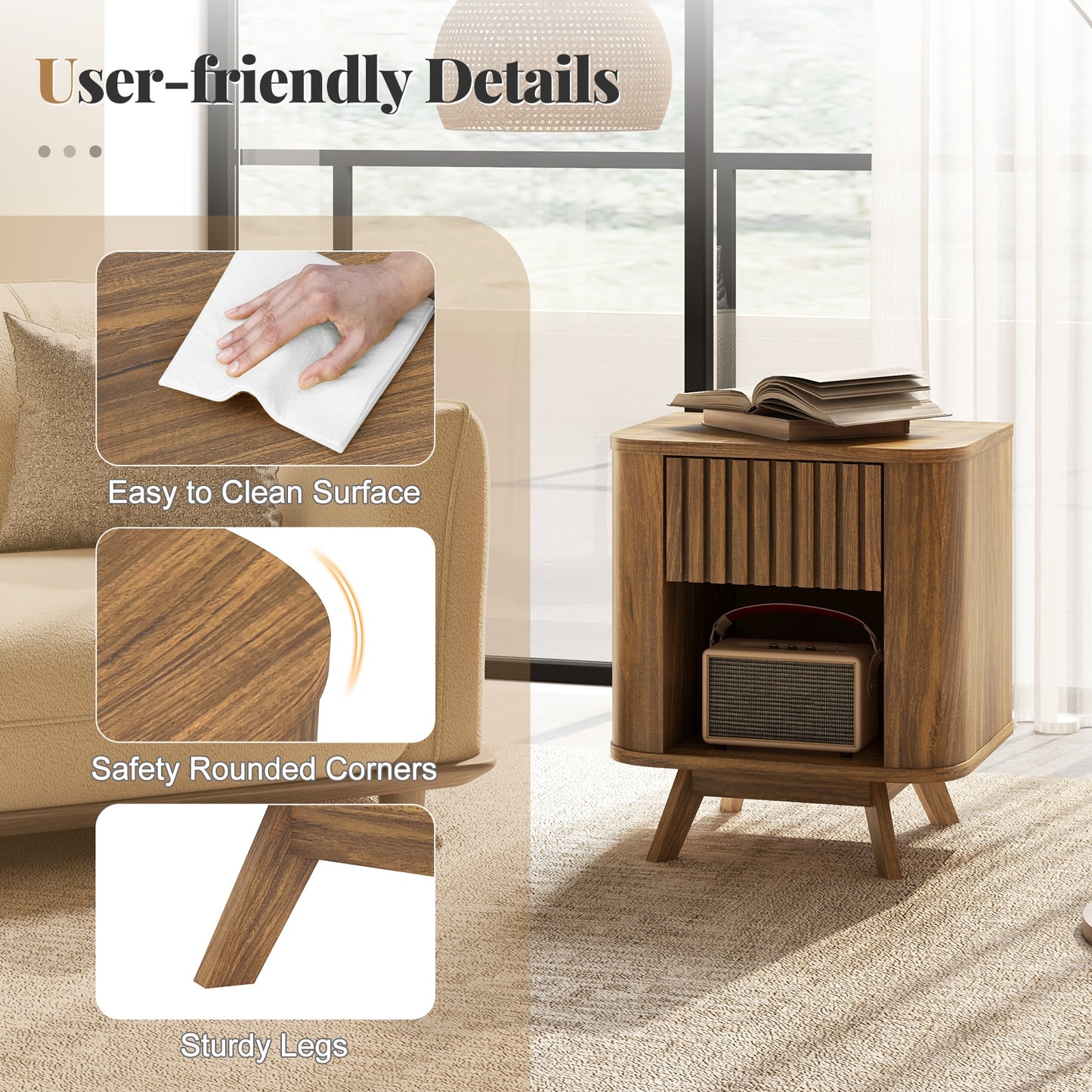 Mid-Century Wood Nightstand, Drawer And Open Shelf, Walnut Nightstands at Gallery Canada
