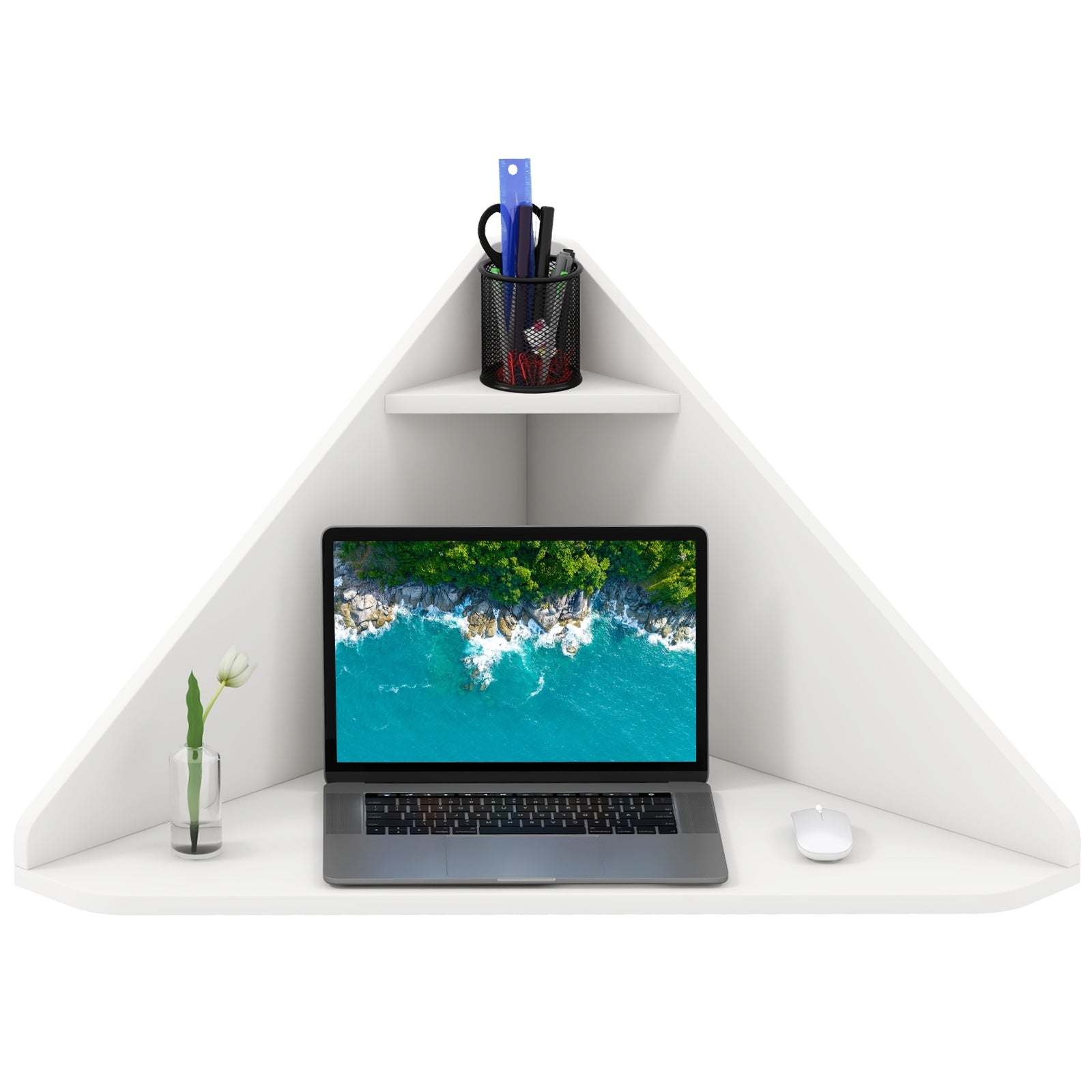 Triangular Corner Computer Desk With Storage Shelf, White Corner Desks at Gallery Canada