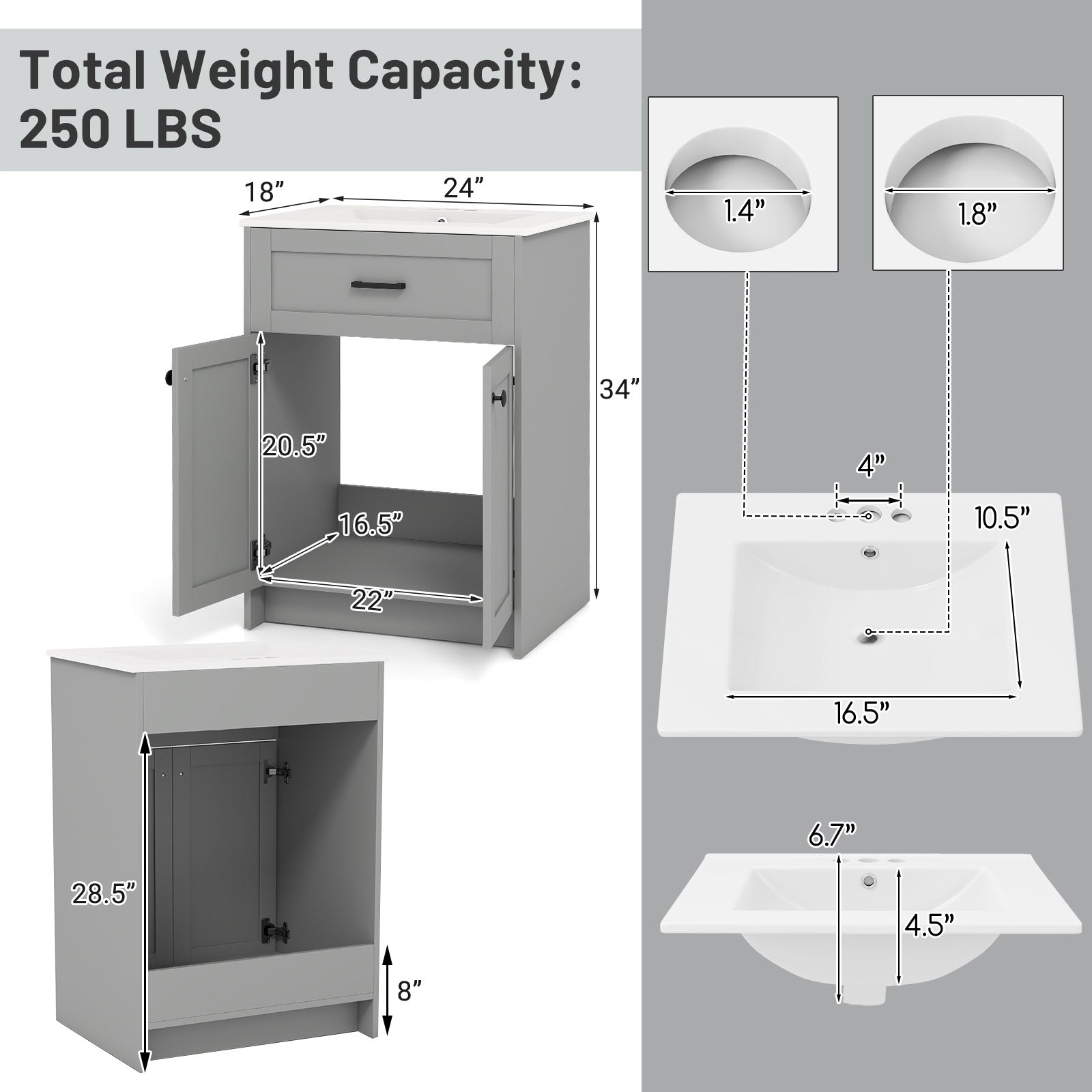 Bathroom Vanity Unit With Basin, 2 Doors, Gray Floor Cabinets at Gallery Canada