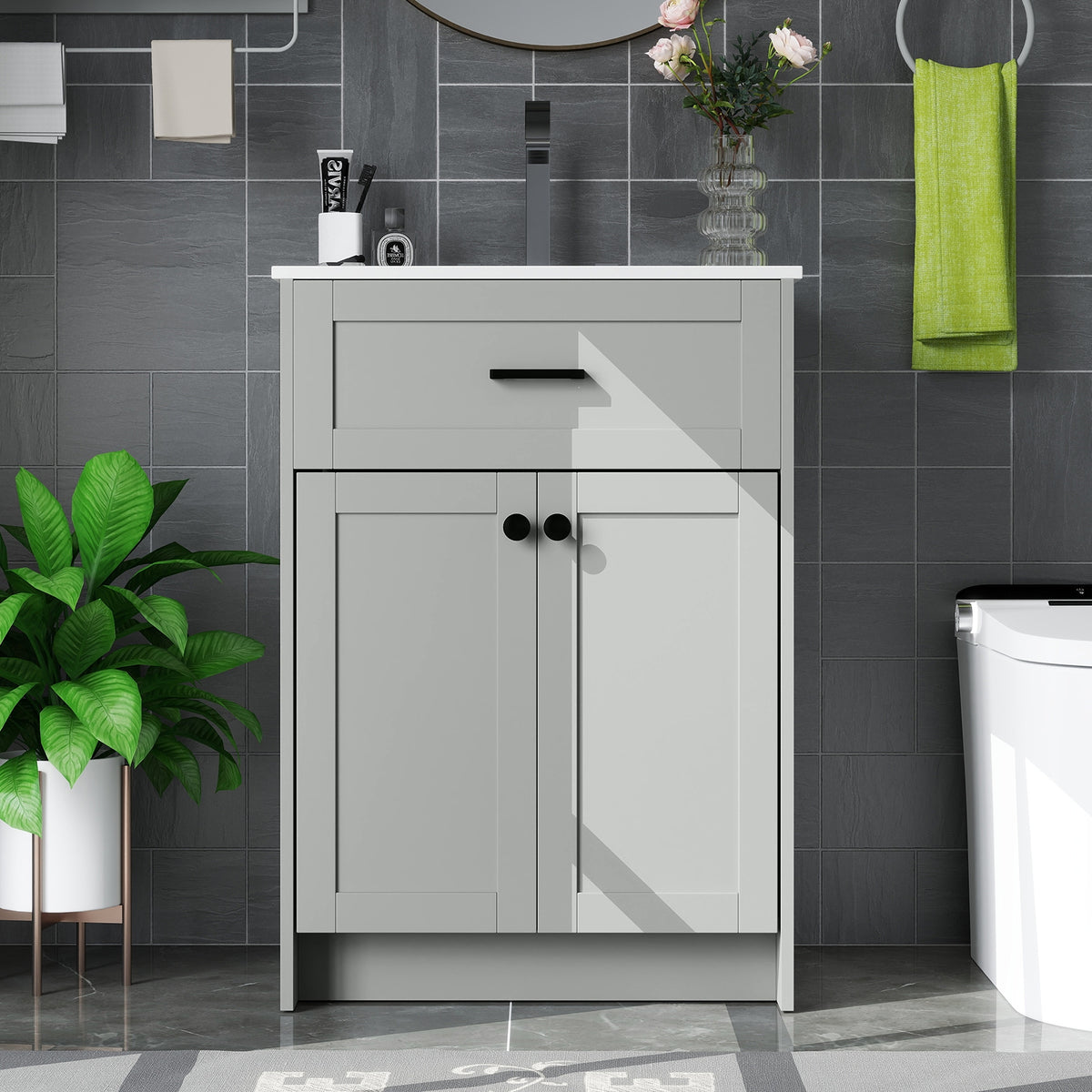 Bathroom Vanity Unit With Basin, 2 Doors, Gray Floor Cabinets at Gallery Canada