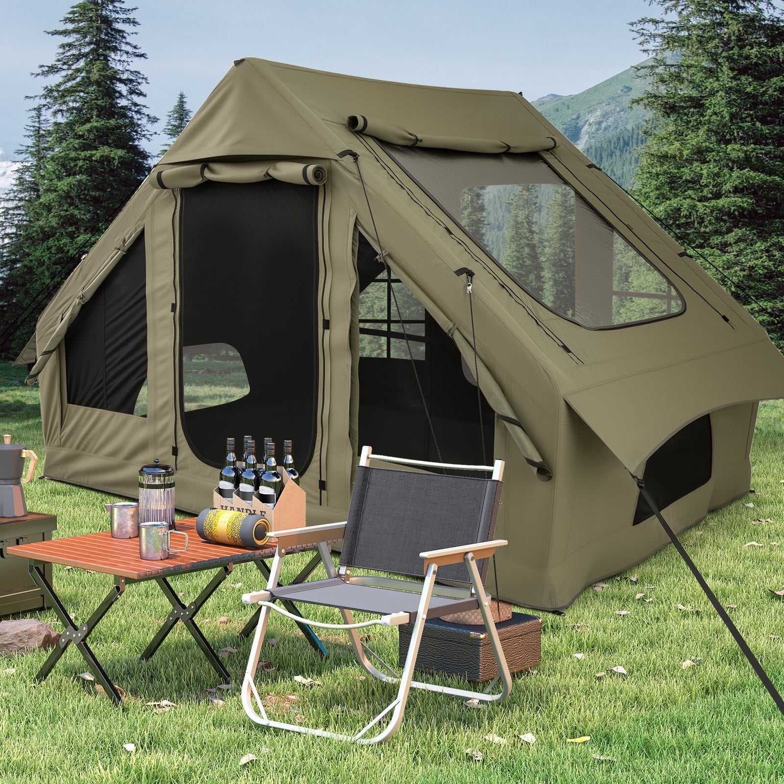 4-6 Person Inflatable Camping Tent, 4 Mesh Windows, 2 Doors, Green Tents at Gallery Canada