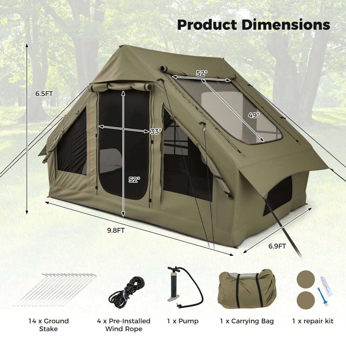 4-6 Person Inflatable Camping Tent, 4 Mesh Windows, 2 Doors, Green Tents at Gallery Canada