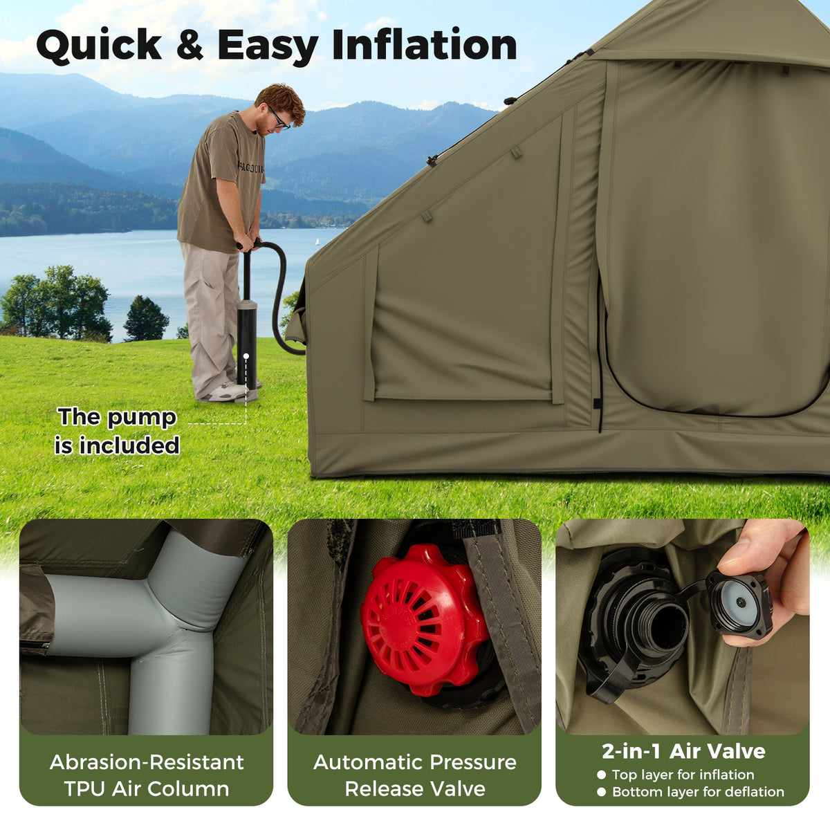 4-6 Person Inflatable Camping Tent, 4 Mesh Windows, 2 Doors, Green Tents at Gallery Canada