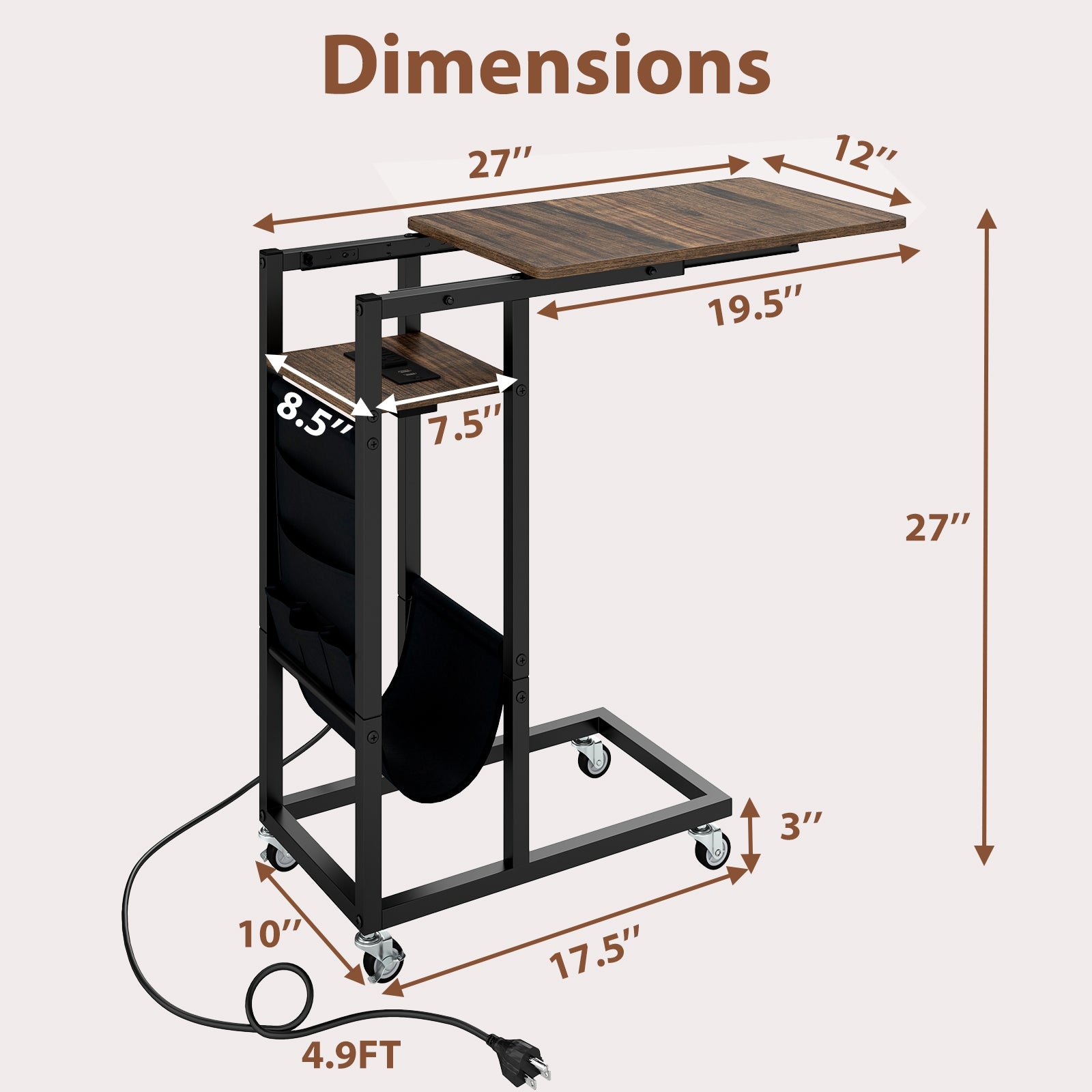 C-Shaped End Table With Charging Station, Retractable Tabletop End & Side Tables at Gallery Canada