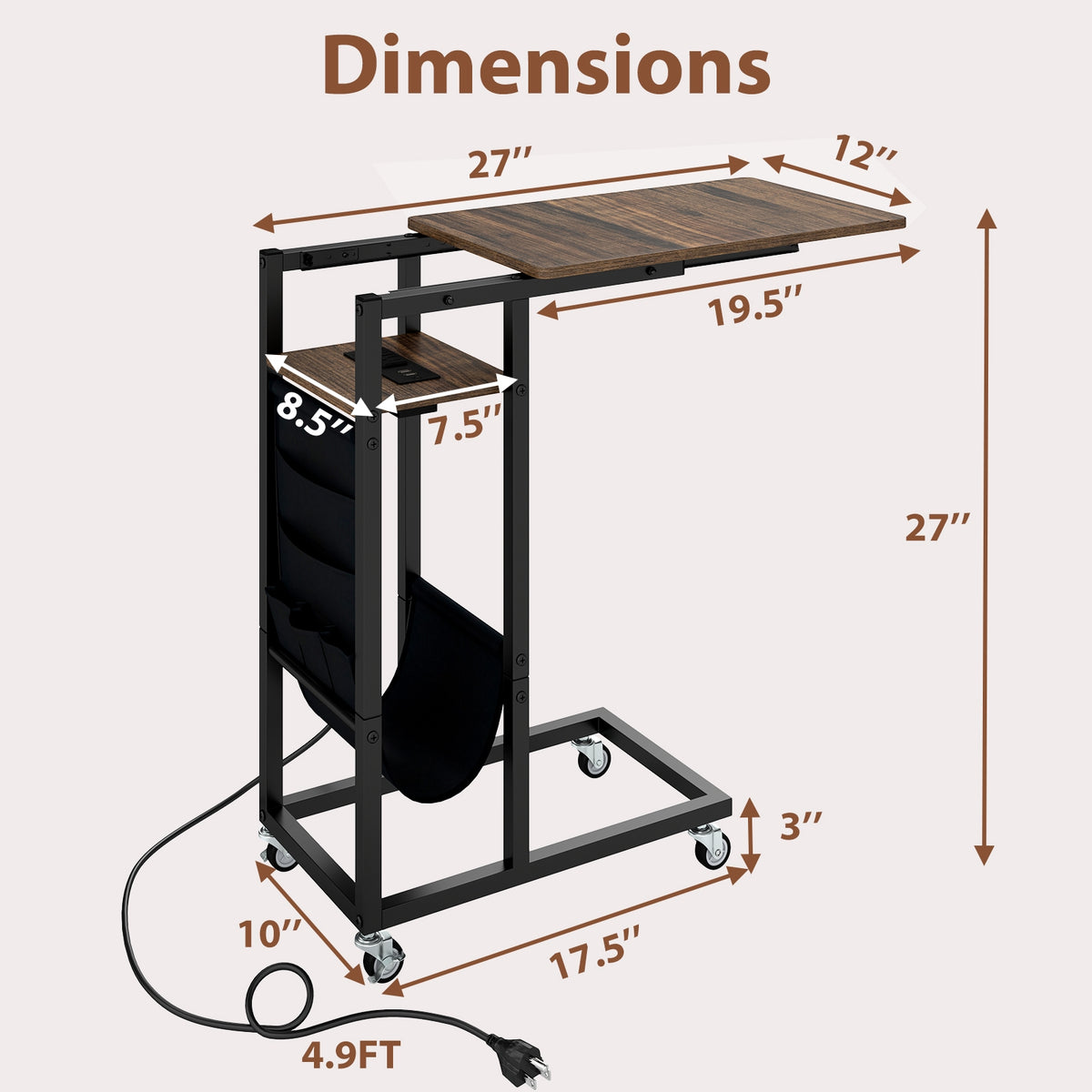 C-Shaped End Table With Charging Station, Retractable Tabletop End & Side Tables at Gallery Canada