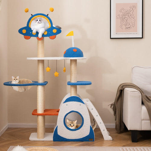 Space Theme Cat Tree, Multi-Level Tower, Sisal Scratching Posts, Multicolor
