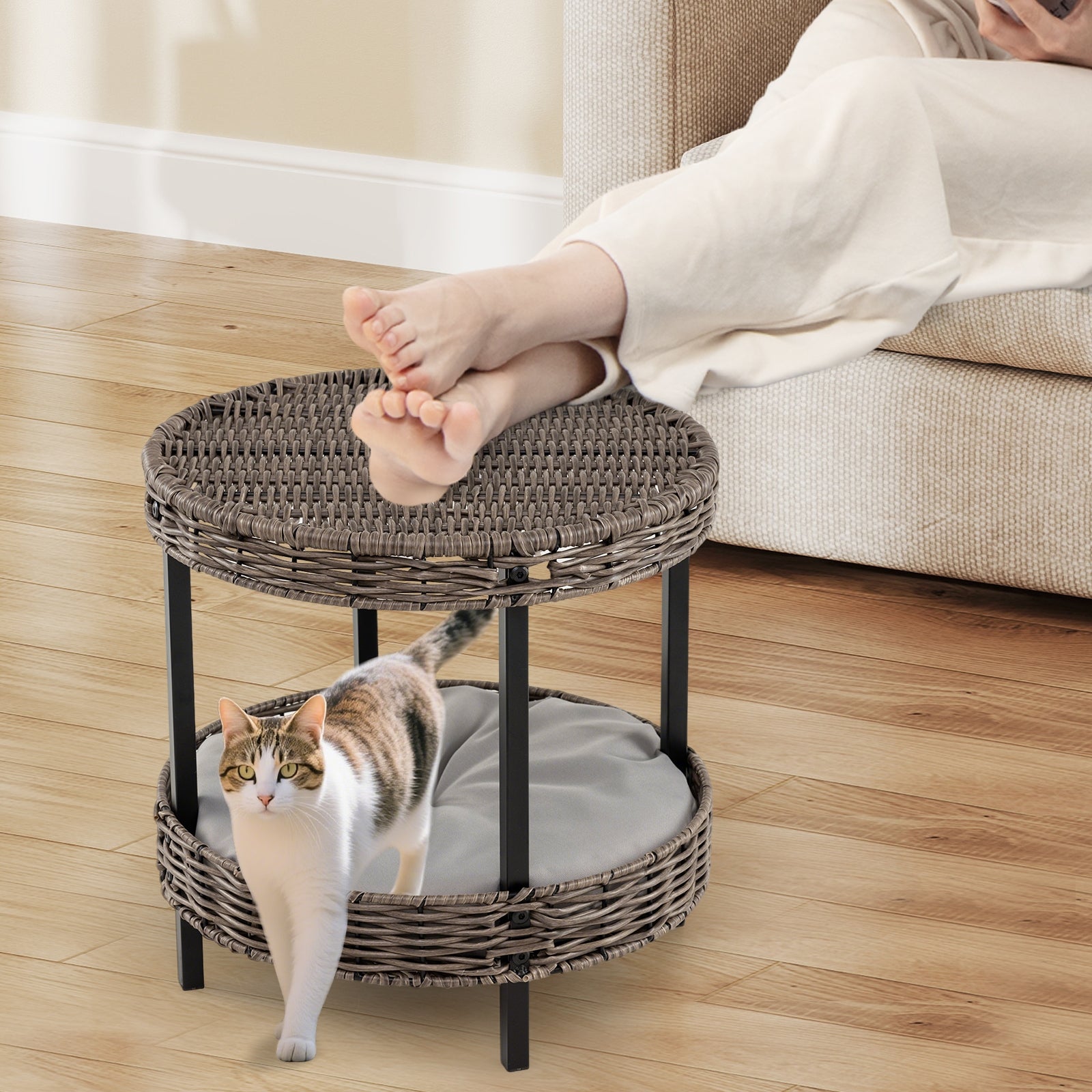2-Tier Rattan Cat Nest, Removable Padded Cushion, Gray Cat Houses at Gallery Canada