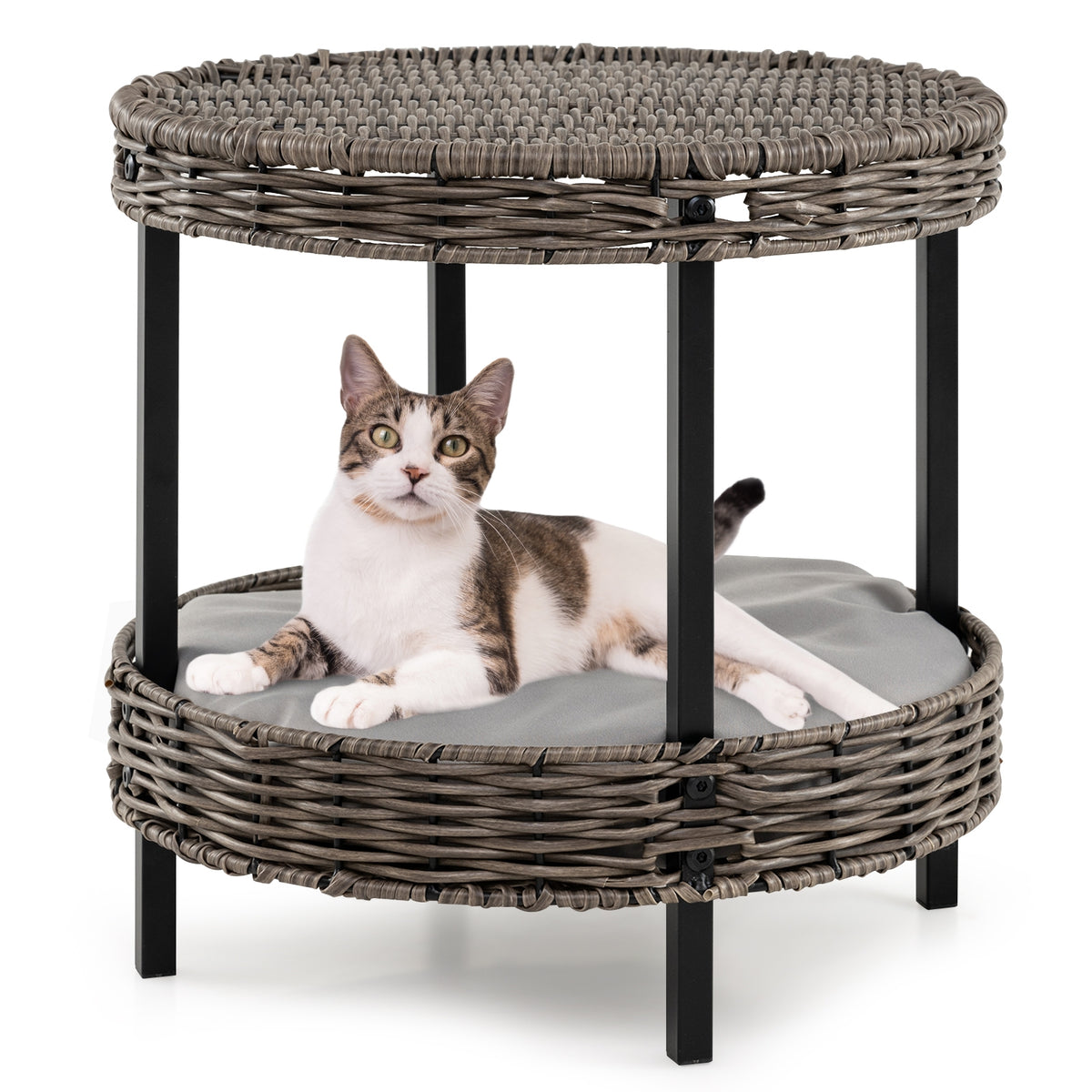 2-Tier Rattan Cat Nest, Removable Padded Cushion, Gray Cat Houses Gray at Gallery Canada