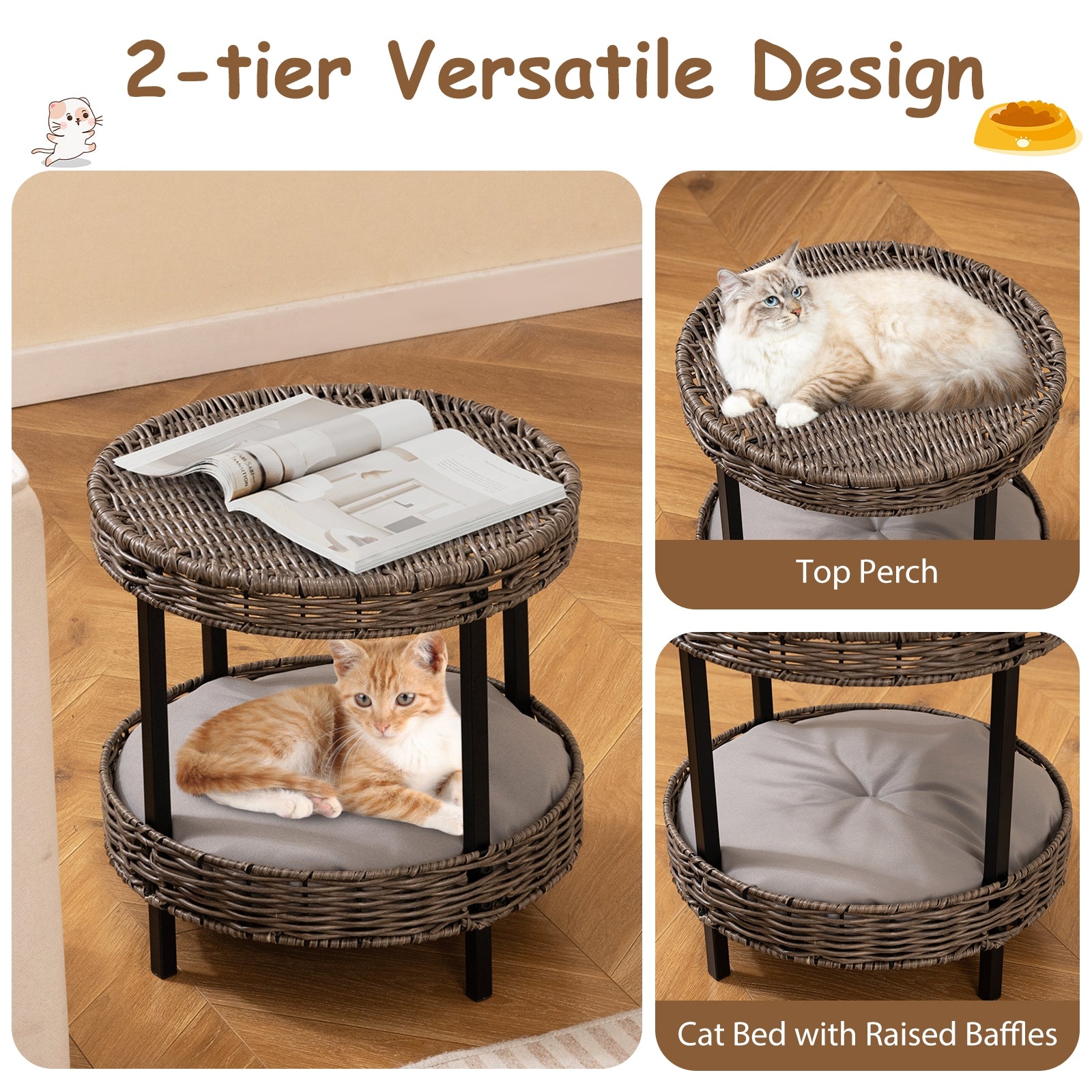 2-Tier Rattan Cat Nest, Removable Padded Cushion, Gray Cat Houses at Gallery Canada