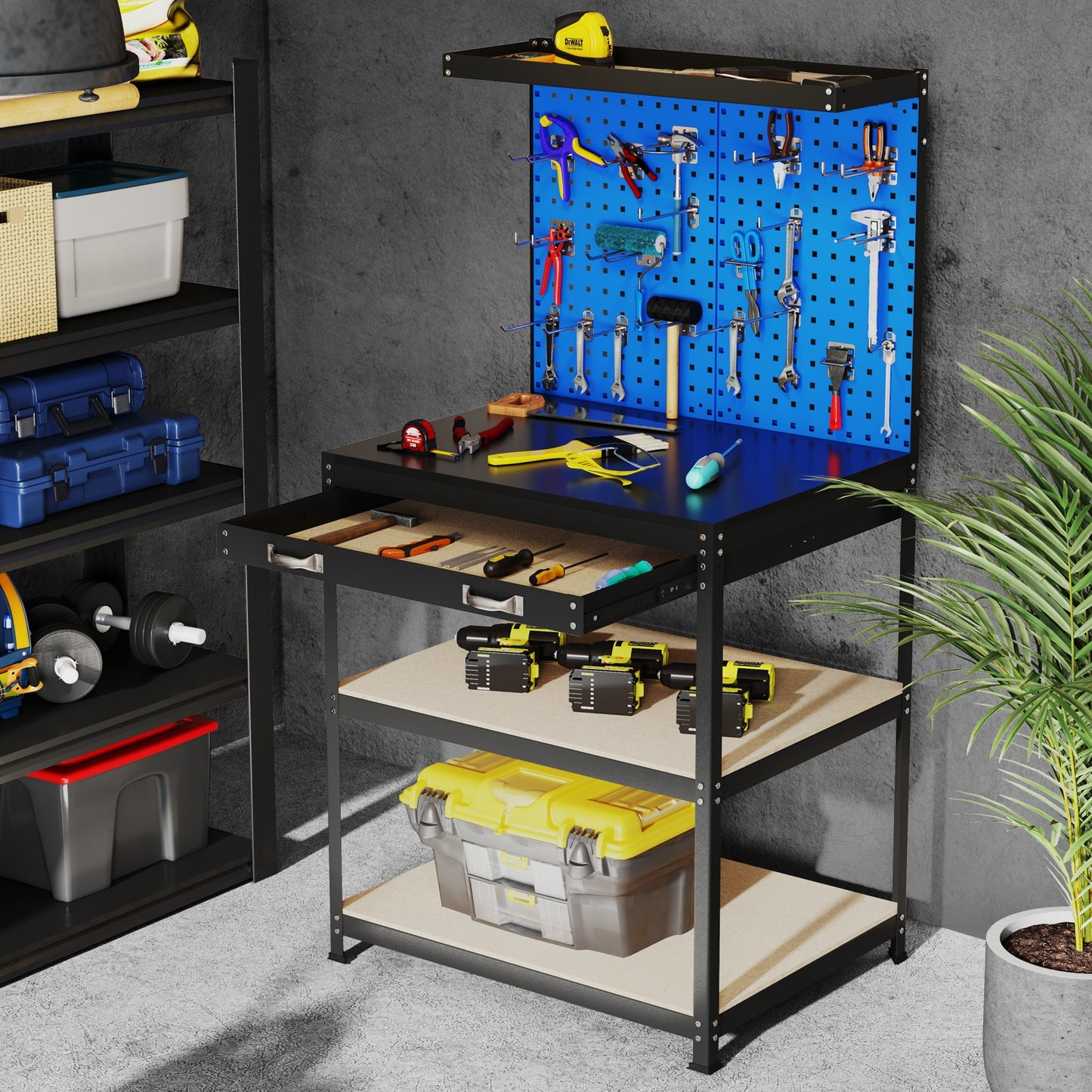 32 x 16 Inch Workbench With Pegboard Drawer, Shelves, Navy Garages at Gallery Canada
